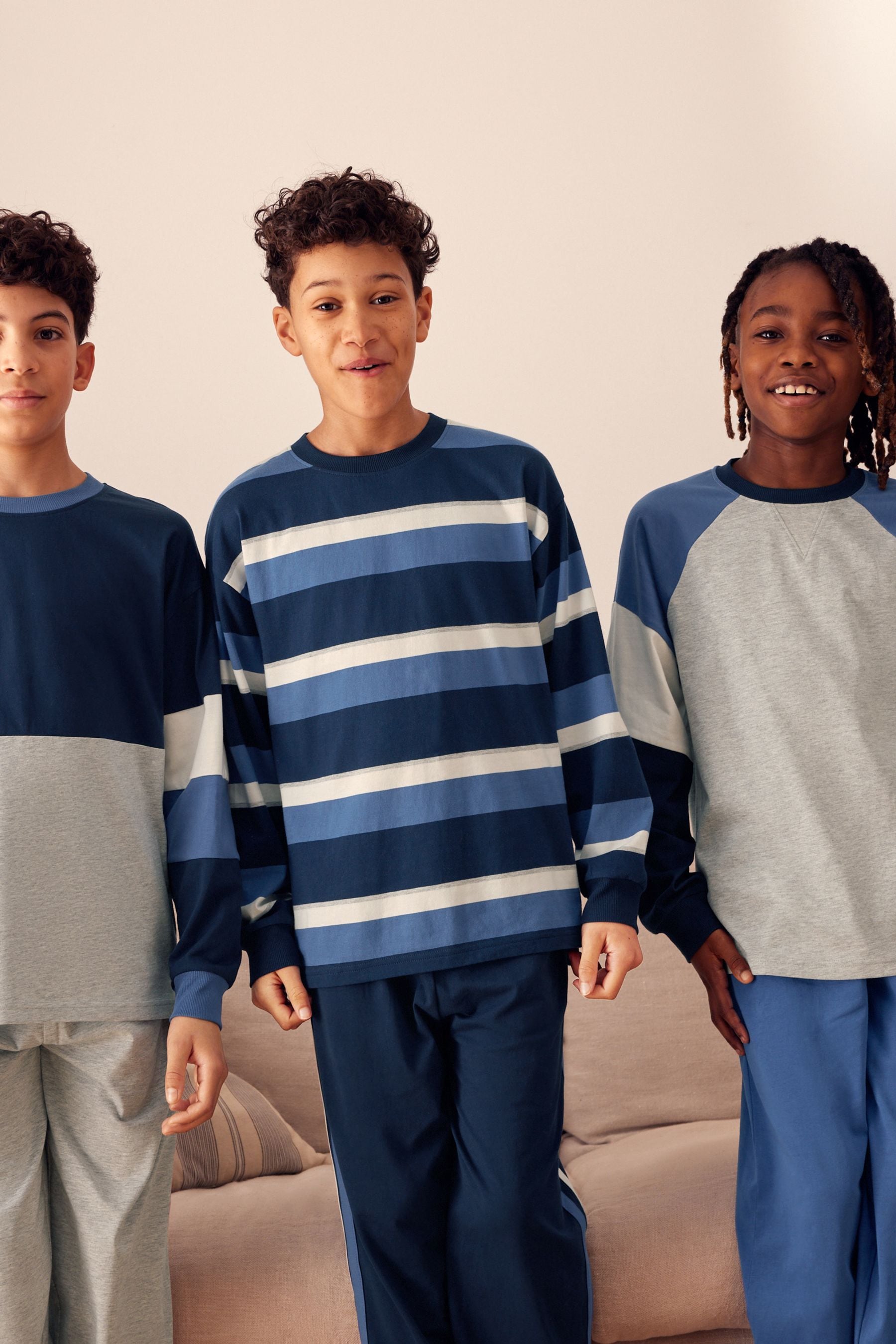 Blue/Navy/Grey 3 Pack 100% Cotton Long Sleeve Pyjamas (3-16yrs)