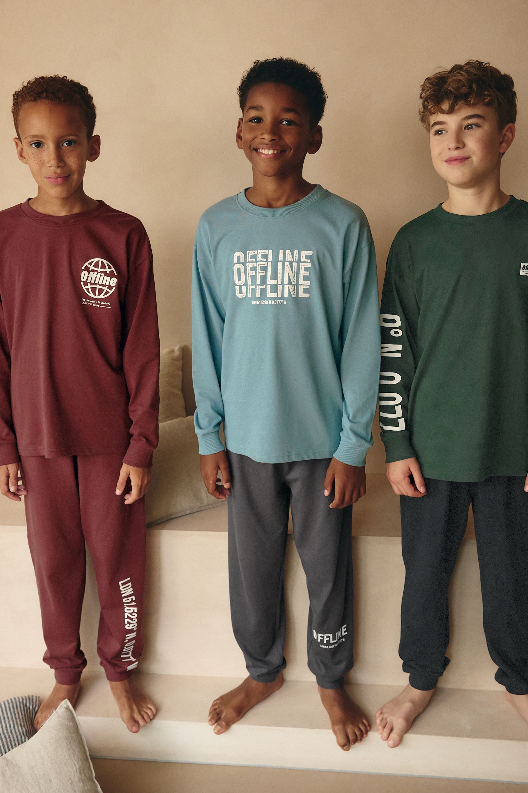 Blue/Grey Text 3 Pack 100% Cotton Long Sleeve Pyjamas (3-16yrs)