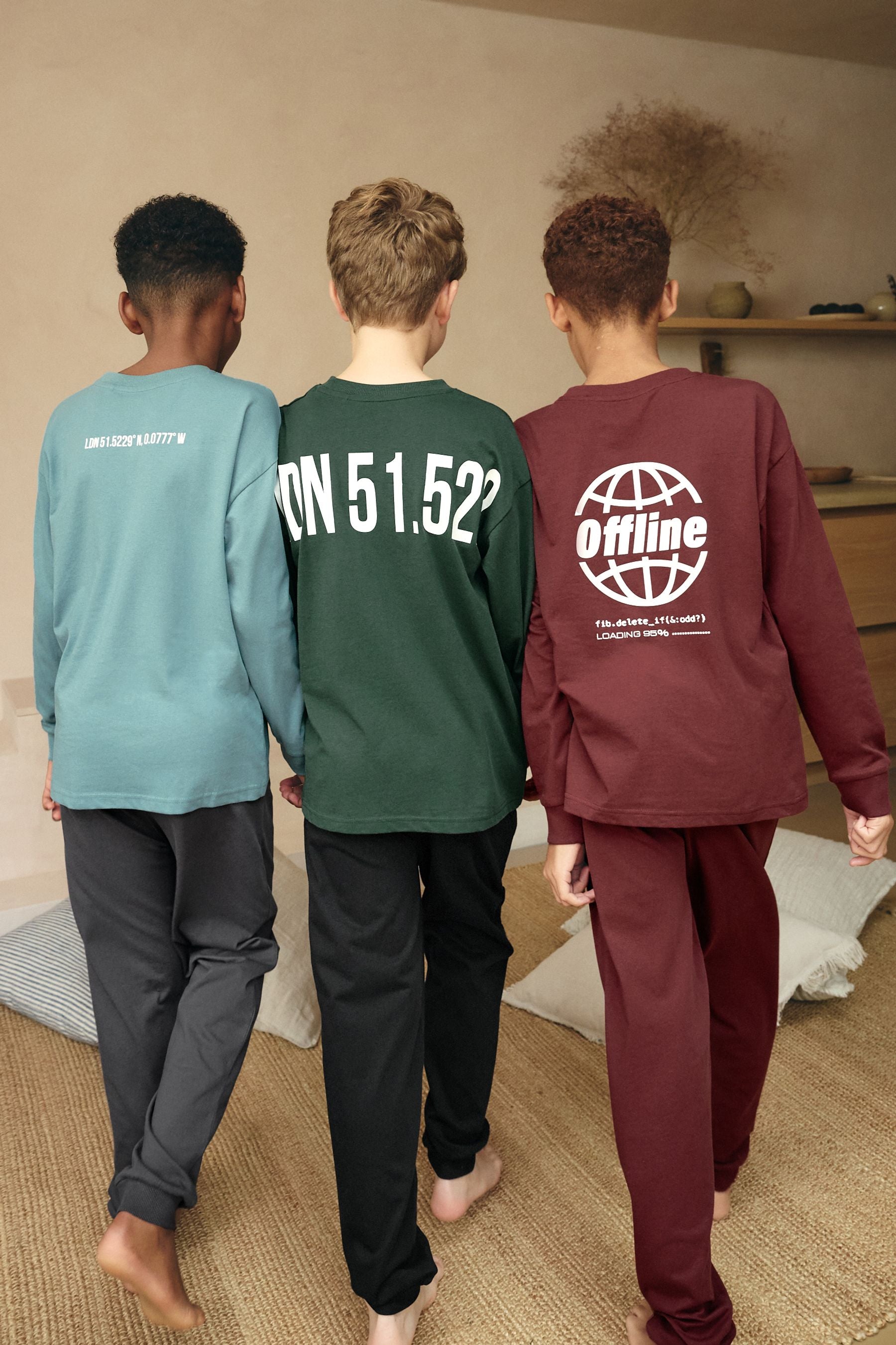 Blue/Grey Text 3 Pack 100% Cotton Long Sleeve Pyjamas (3-16yrs)