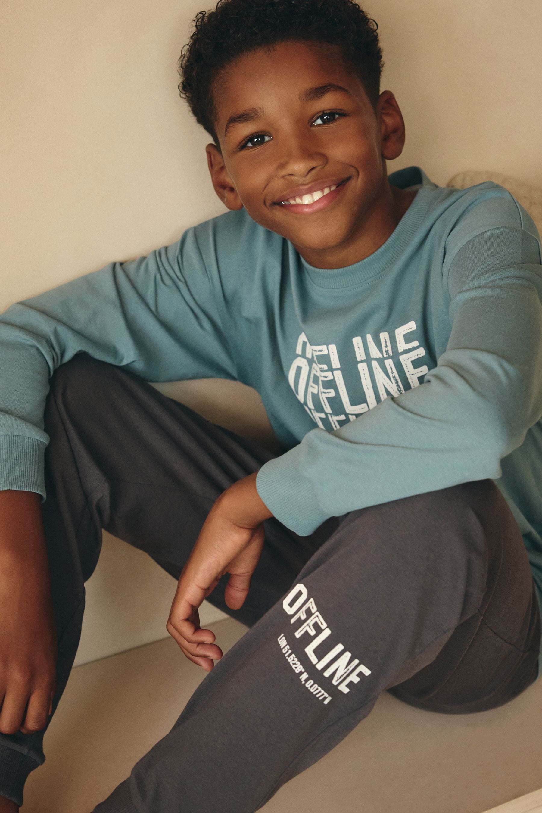 Blue/Grey Text 3 Pack 100% Cotton Long Sleeve Pyjamas (3-16yrs)