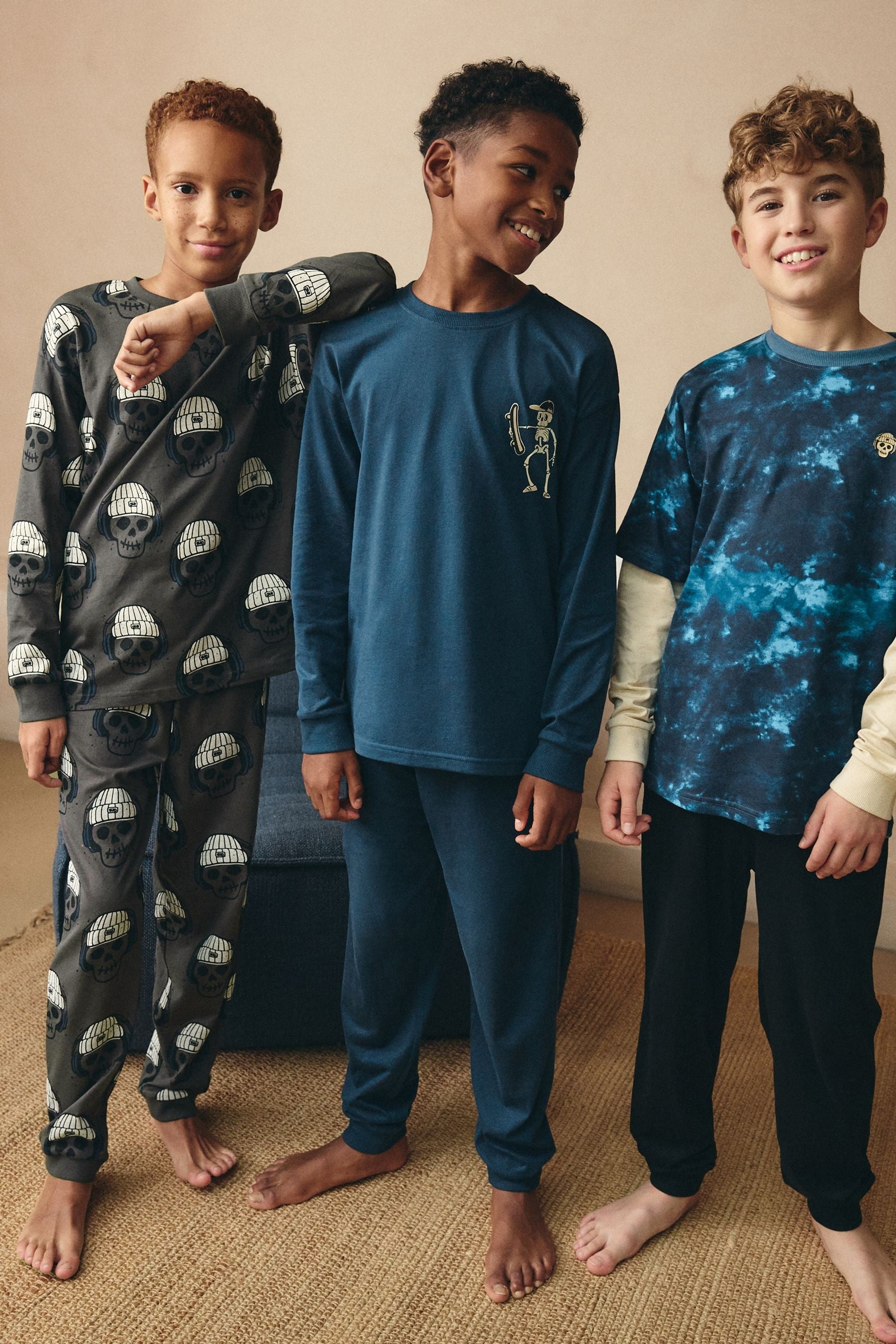 Blue/Grey Tie Dye Mock Sleeve Skateboard Long Sleeve Pyjamas 3 Pack (4-16yrs)