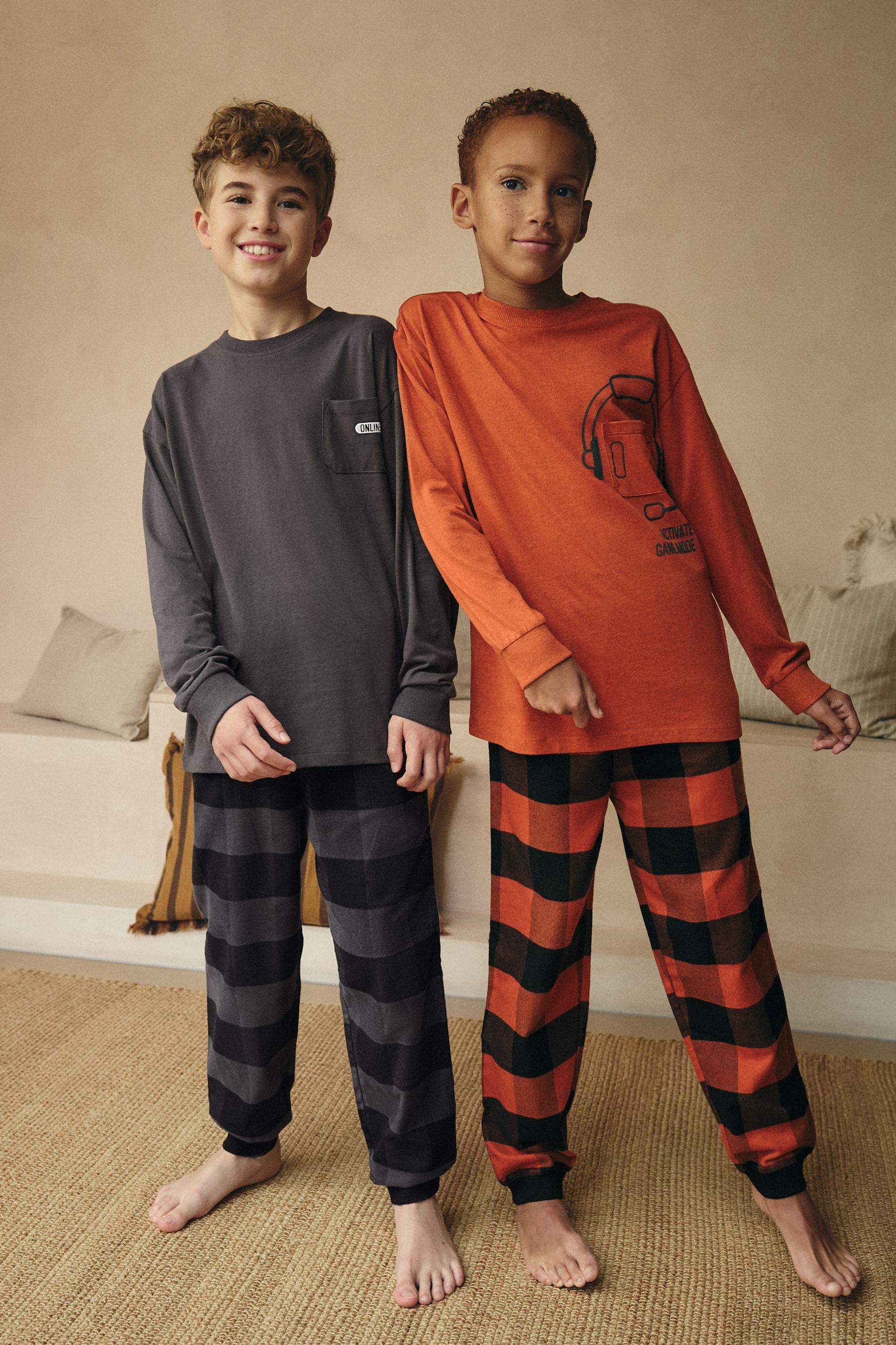 Orange/Black Gamer Woven Check Bottom 100% Cotton Pyjamas 2 Pack (3-16yrs)