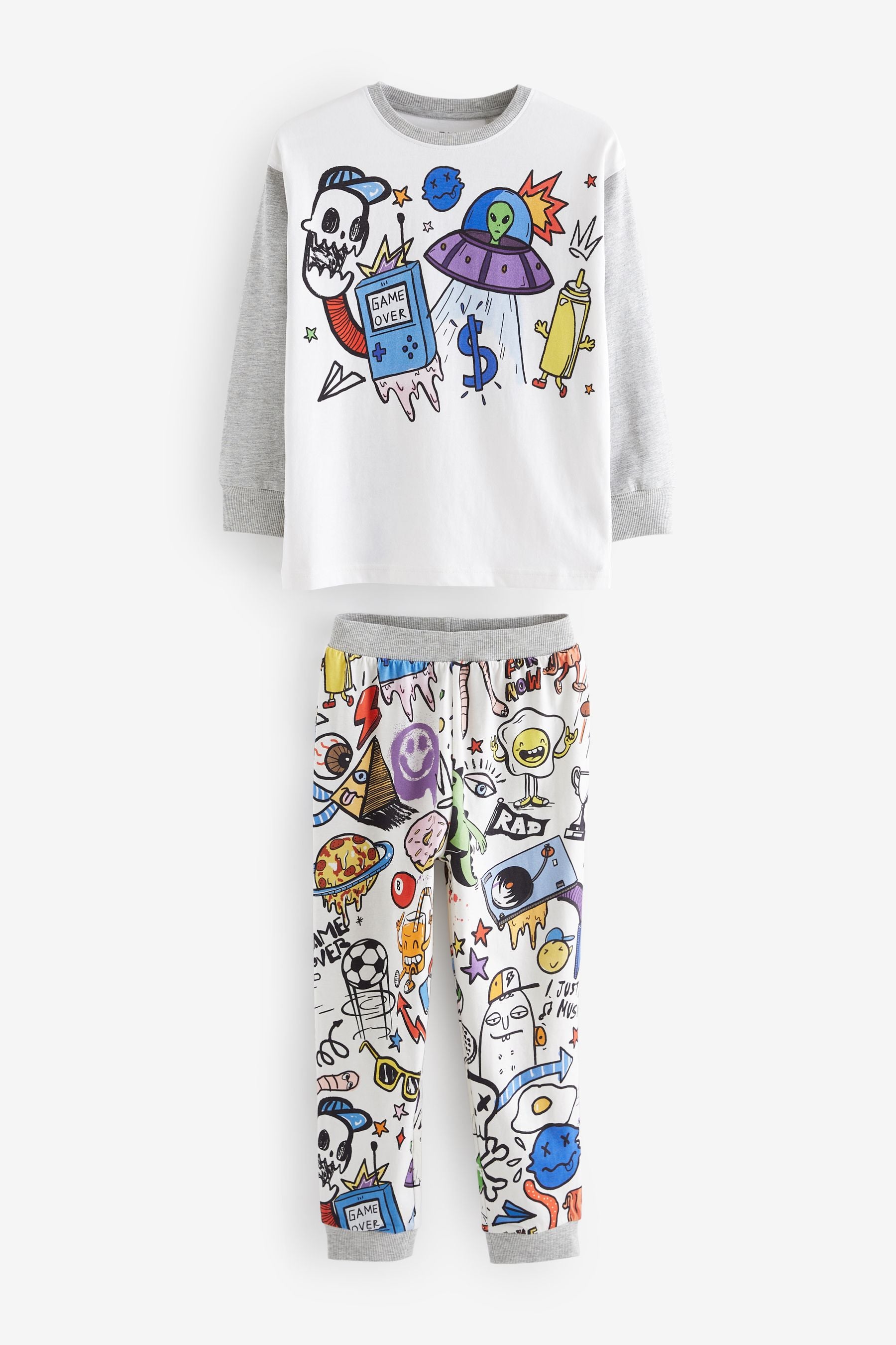 Grey/White Doodle Character Long Sleeve Pyjamas 2 Pack (3-16yrs)