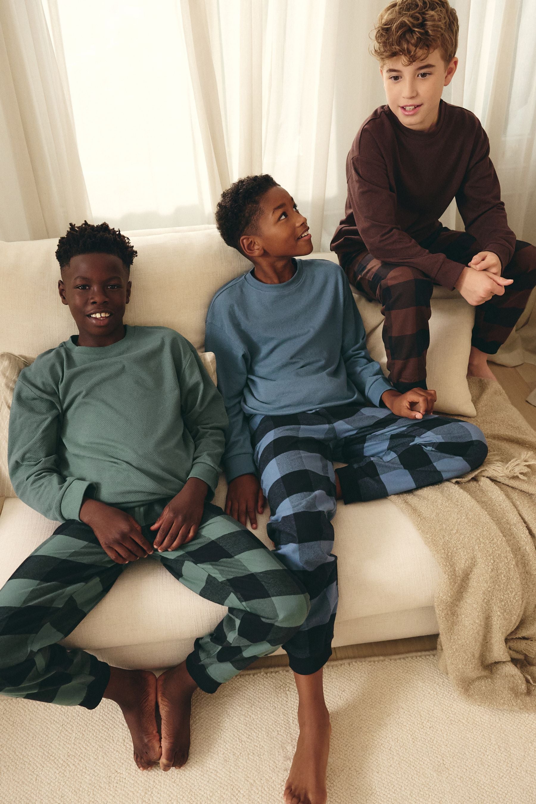 Blue/Green/Brown 3 Pack Woven Check 100% Cotton Pyjamas (3-16yrs)