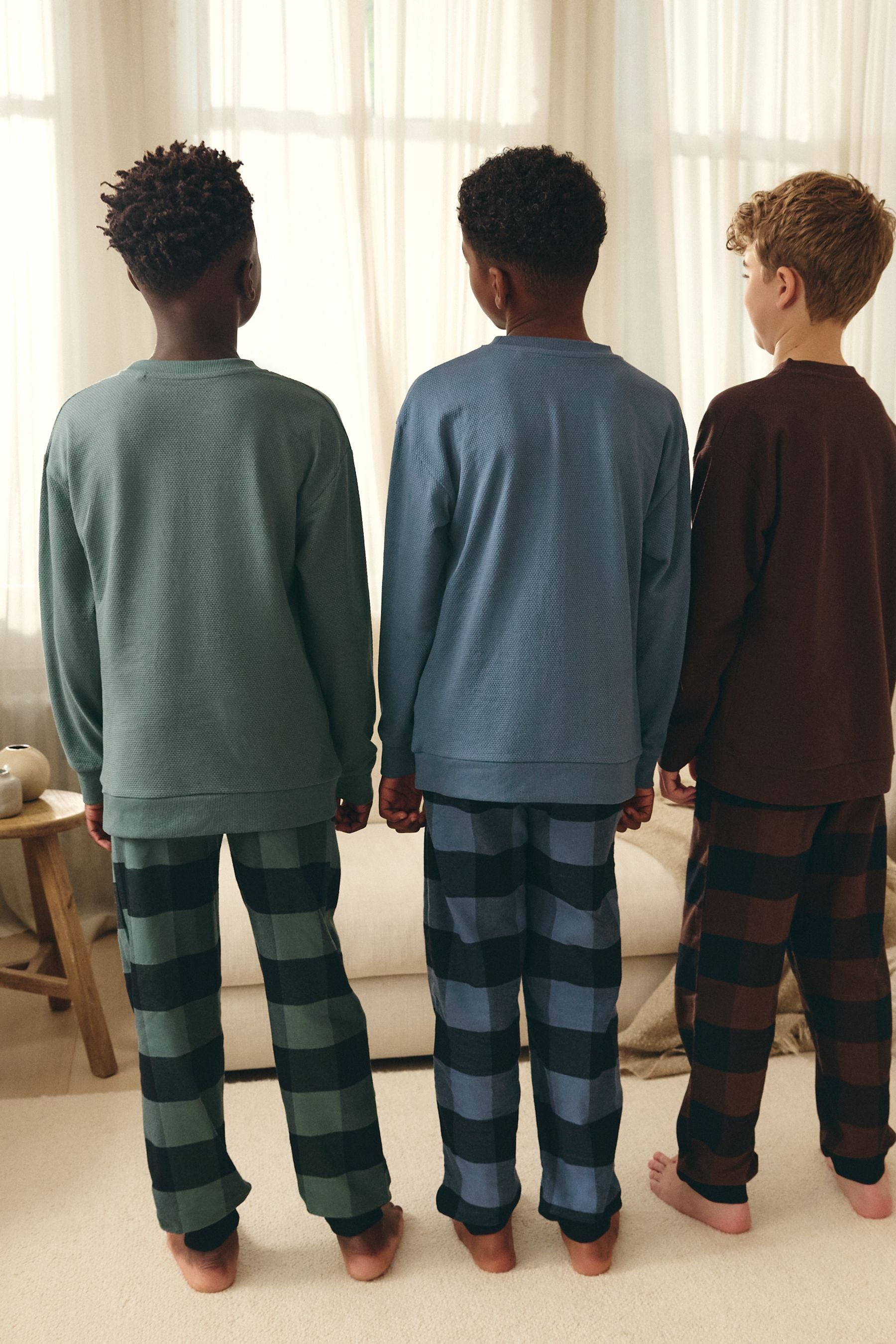 Blue/Green/Brown 3 Pack Woven Check 100% Cotton Pyjamas (3-16yrs)