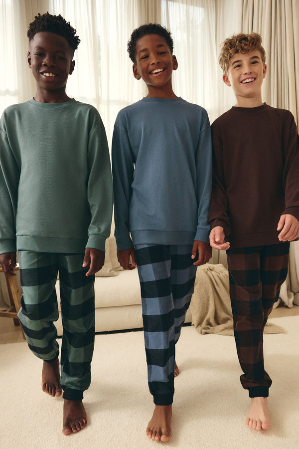 Blue/Green/Brown 3 Pack Woven Check 100% Cotton Pyjamas (3-16yrs)