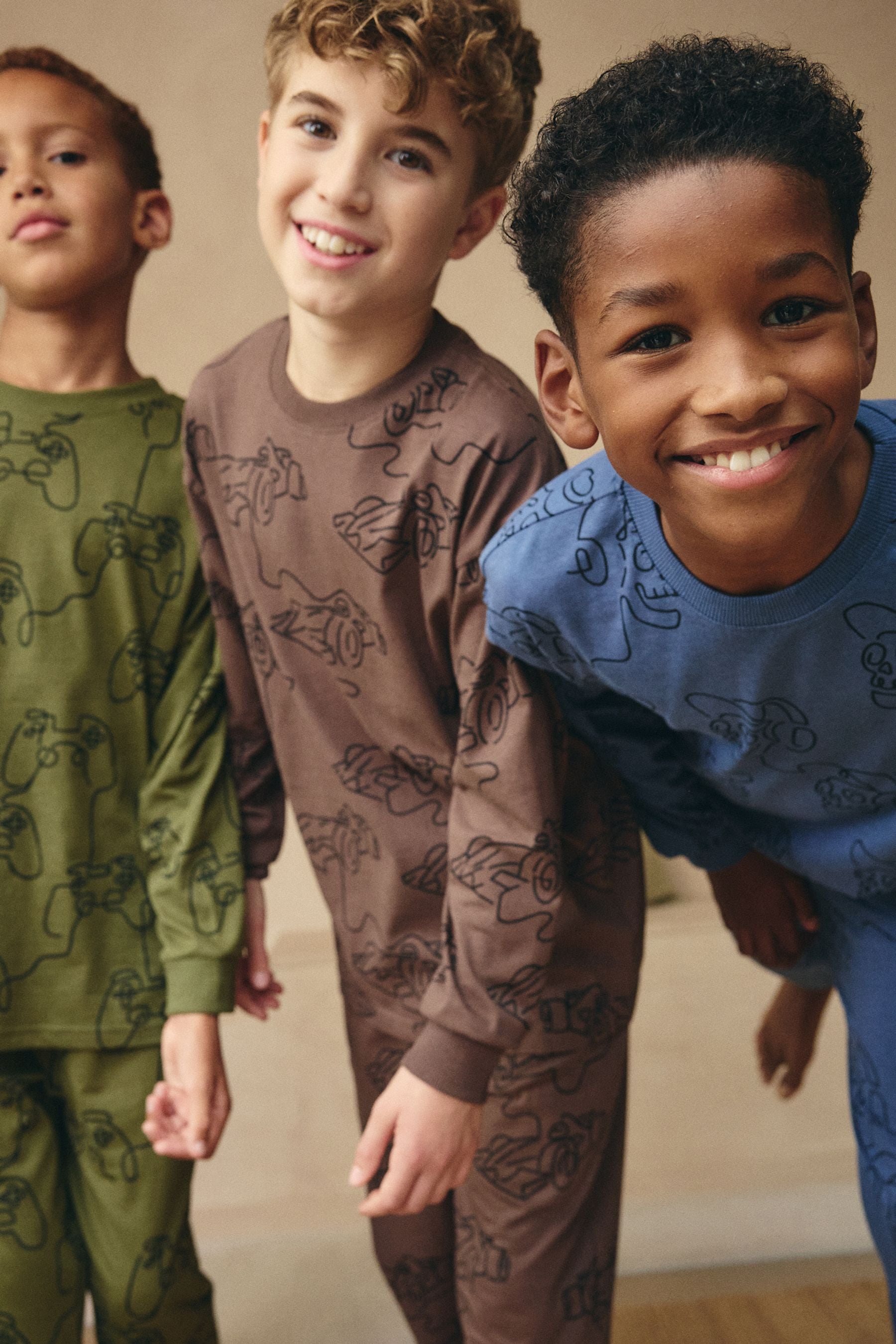 Blue/Green/Brown Linear Character Long Sleeve Pyjamas 3 Pack (3-16yrs)