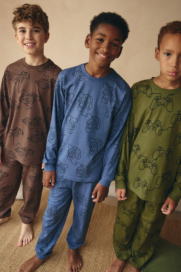 Blue/Green/Brown Linear Character Long Sleeve Pyjamas 3 Pack (3-16yrs)