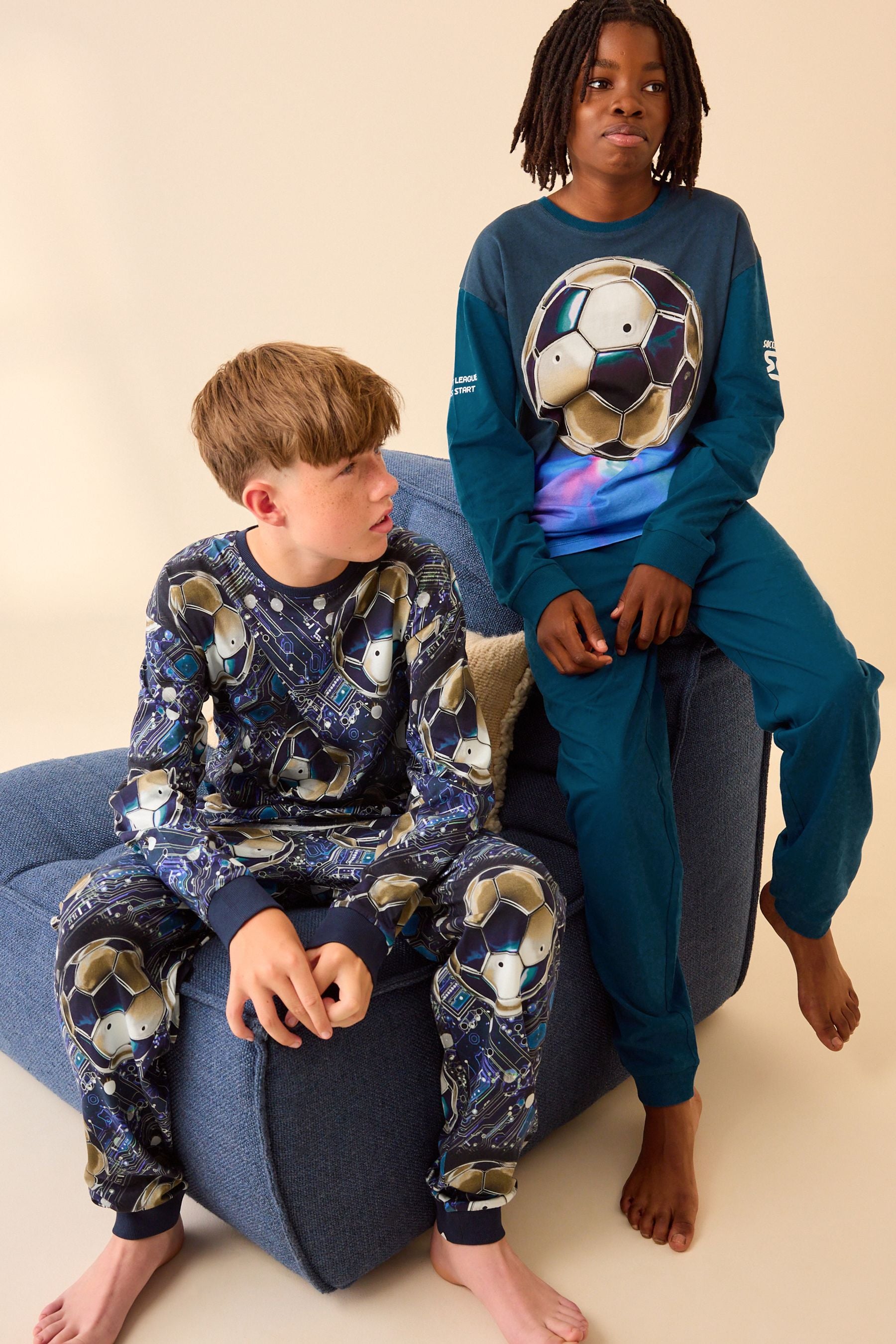 Blue Football 100% Cotton Long Sleeve Pyjamas 2 Pack (3-16yrs)