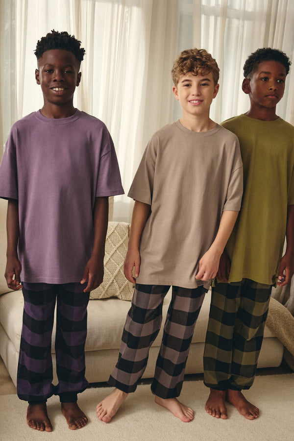 Purple/Neutral/Citrine Yellow Short Sleeve Woven Bottom 100% Cotton Pyjamas 3 Pack (3-16yrs)