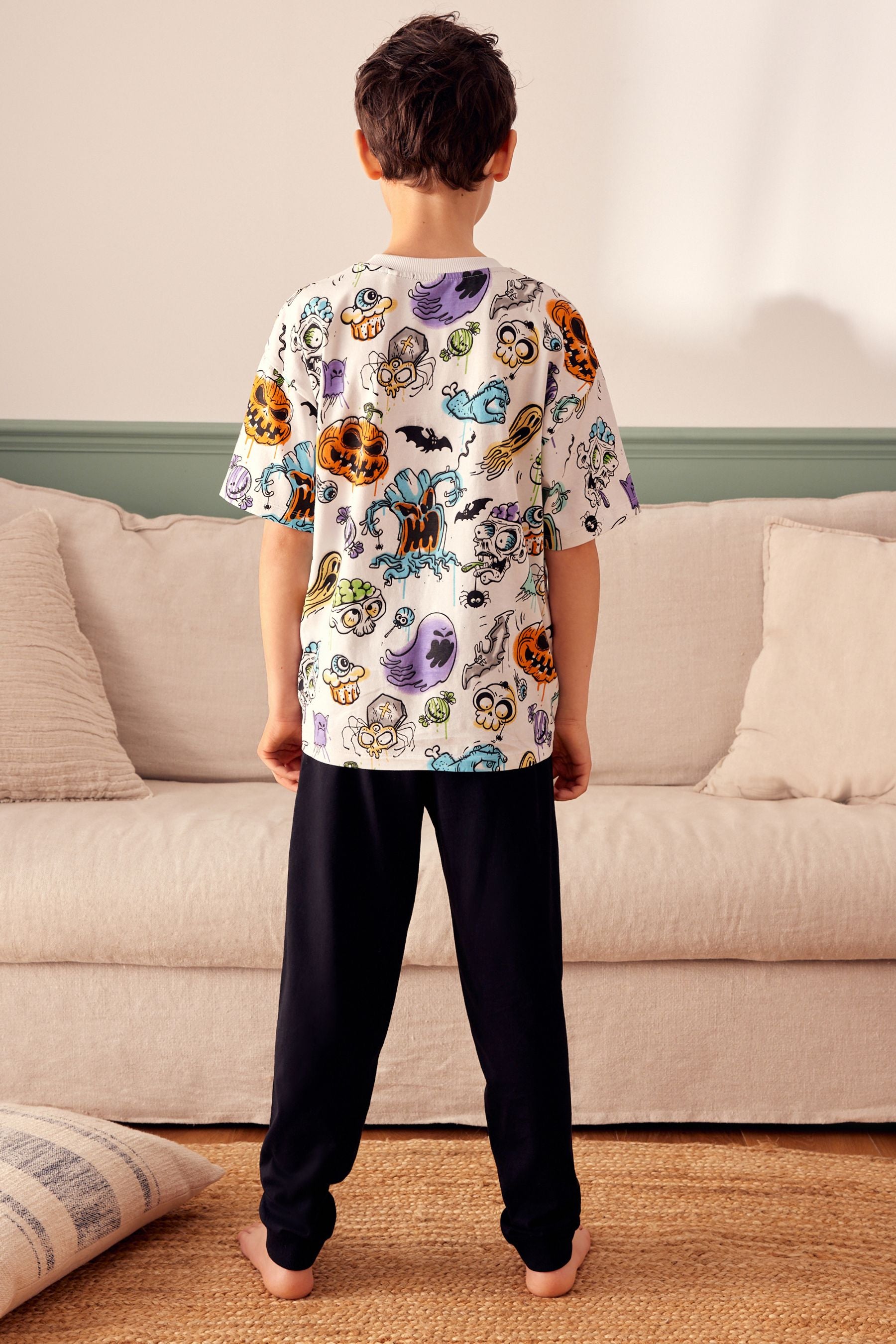 White/Black Halloween Single Short Sleeve Pyjamas (3-16yrs)