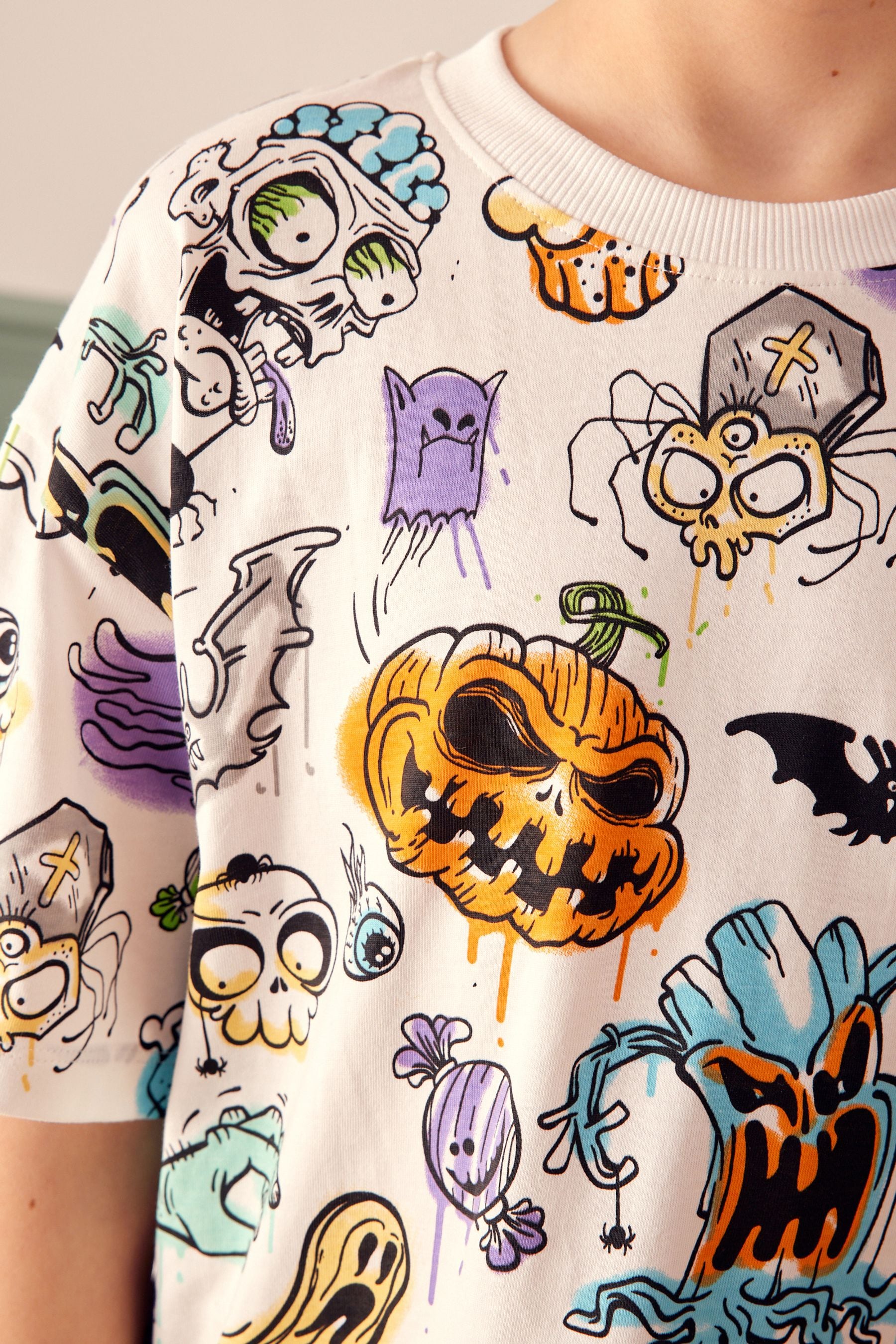 White/Black Halloween Single Short Sleeve Pyjamas (3-16yrs)