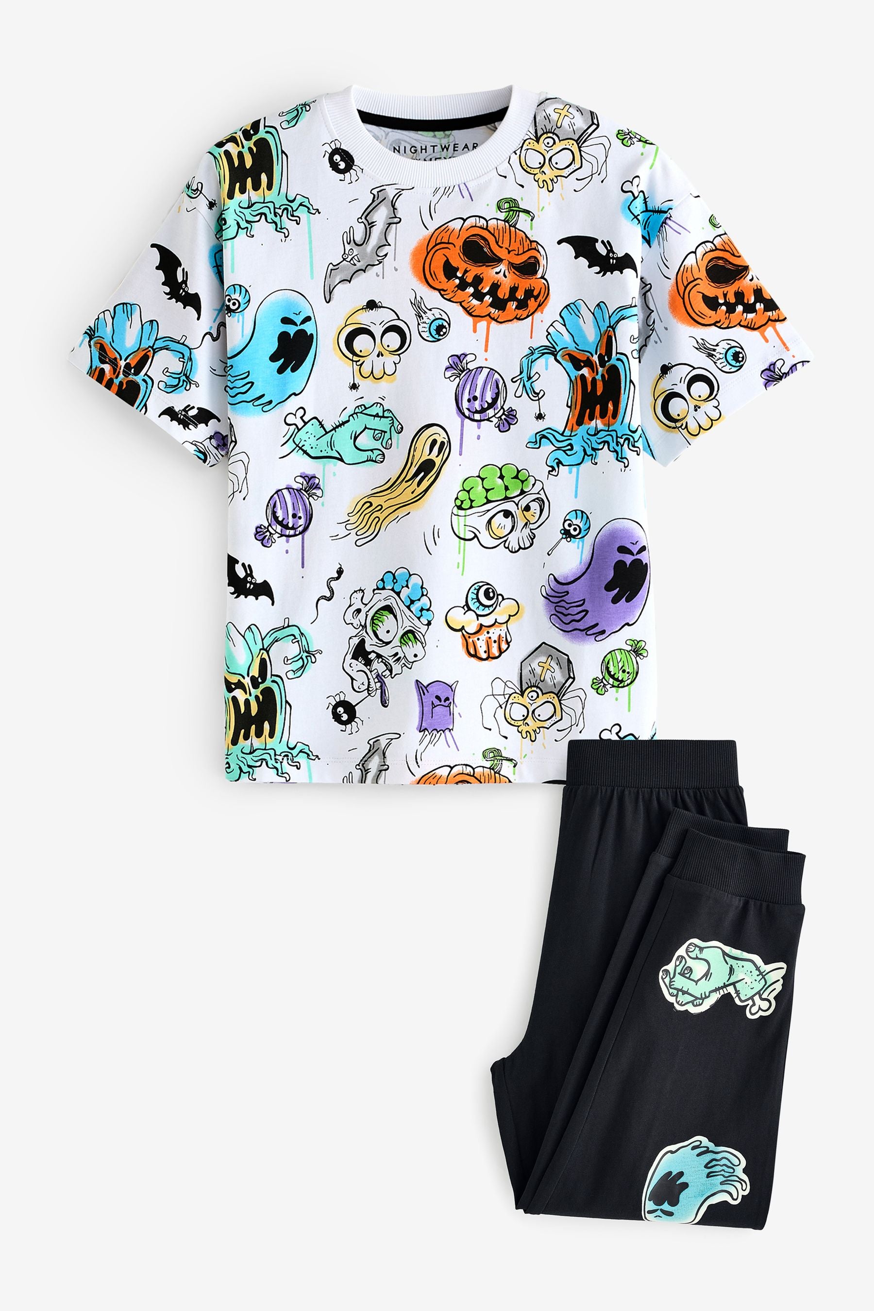 White/Black Halloween Single Short Sleeve Pyjamas (3-16yrs)