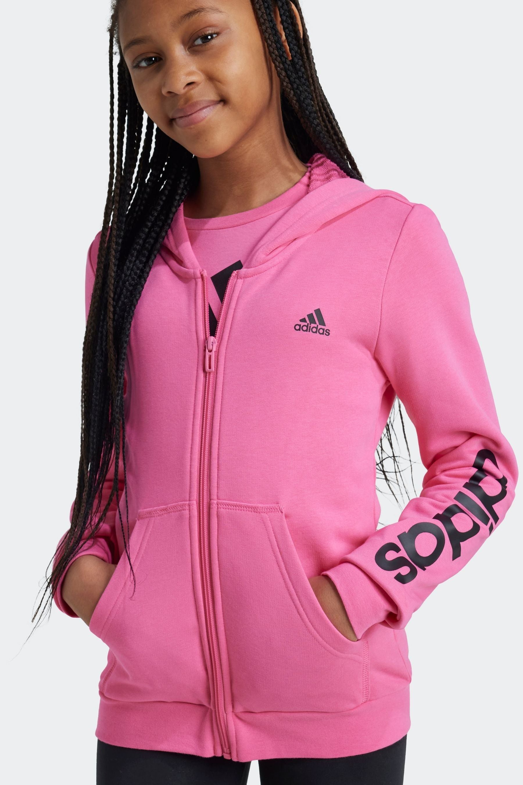 adidas Pink Sportswear Essentials Linear Logo Full Zip Hoodie