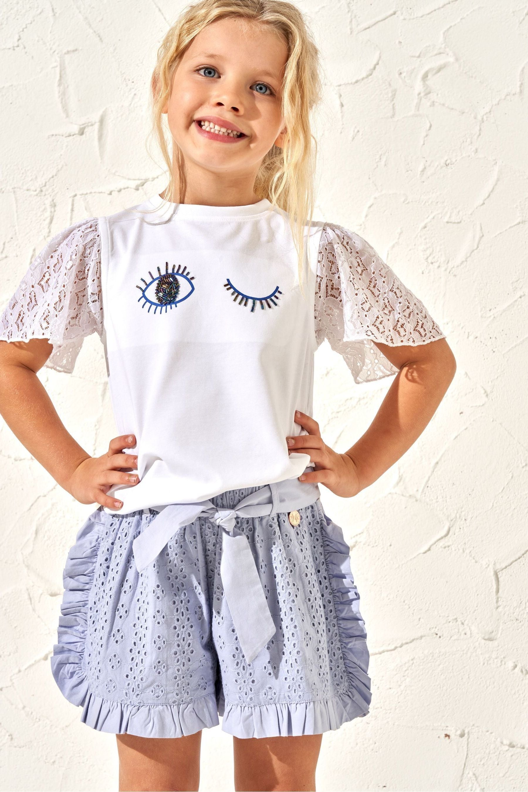 Angel & Rocket Blue 100% Cotton Cleo Frill Broderie Shorts