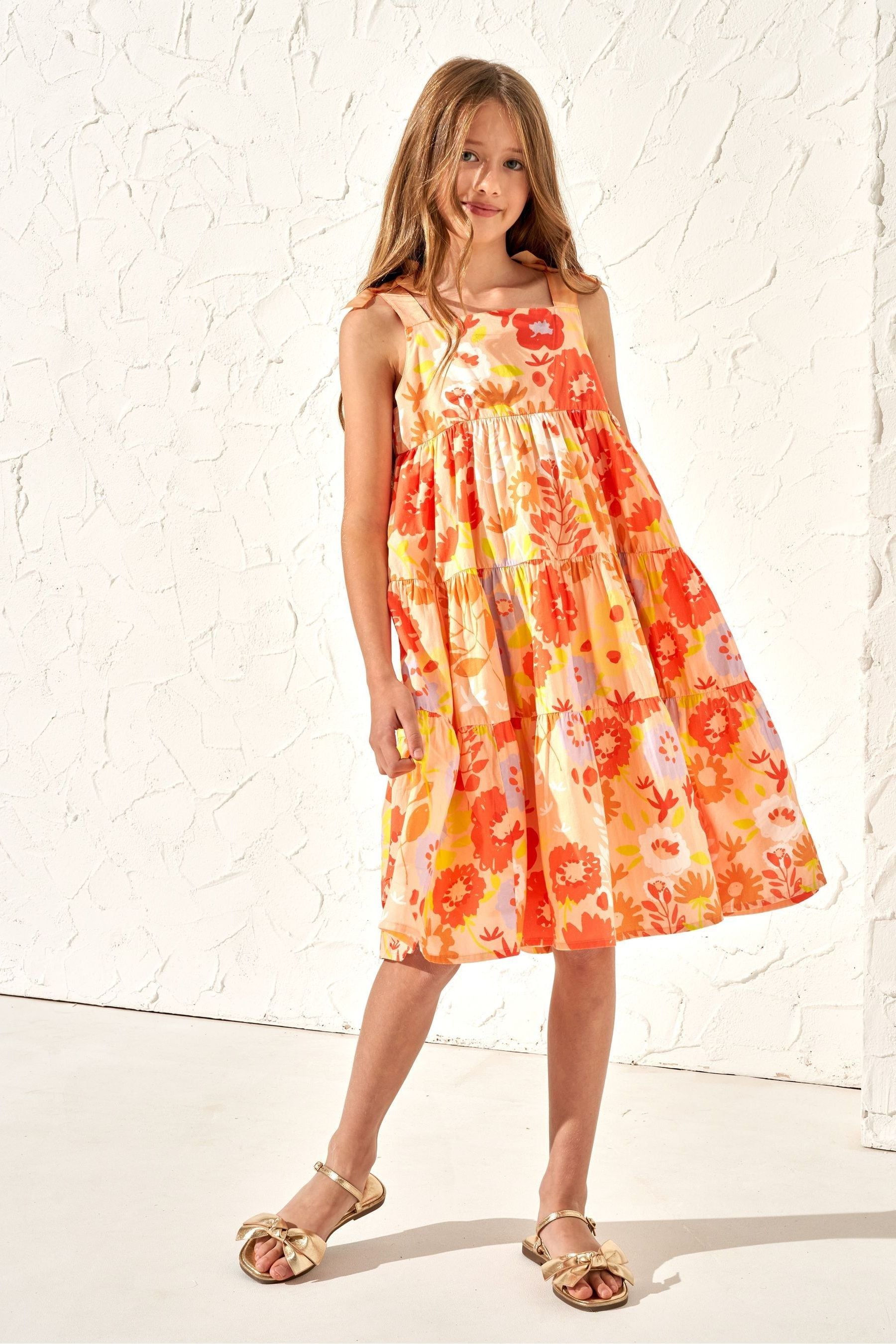 Angel & Rocket Orange Julieta  Ribbon Strap Print Dress