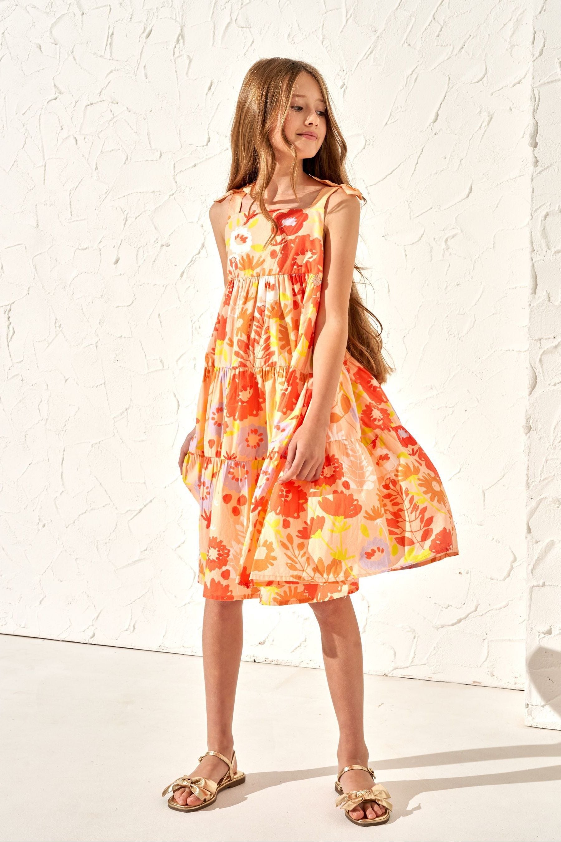 Angel & Rocket Orange Julieta  Ribbon Strap Print Dress