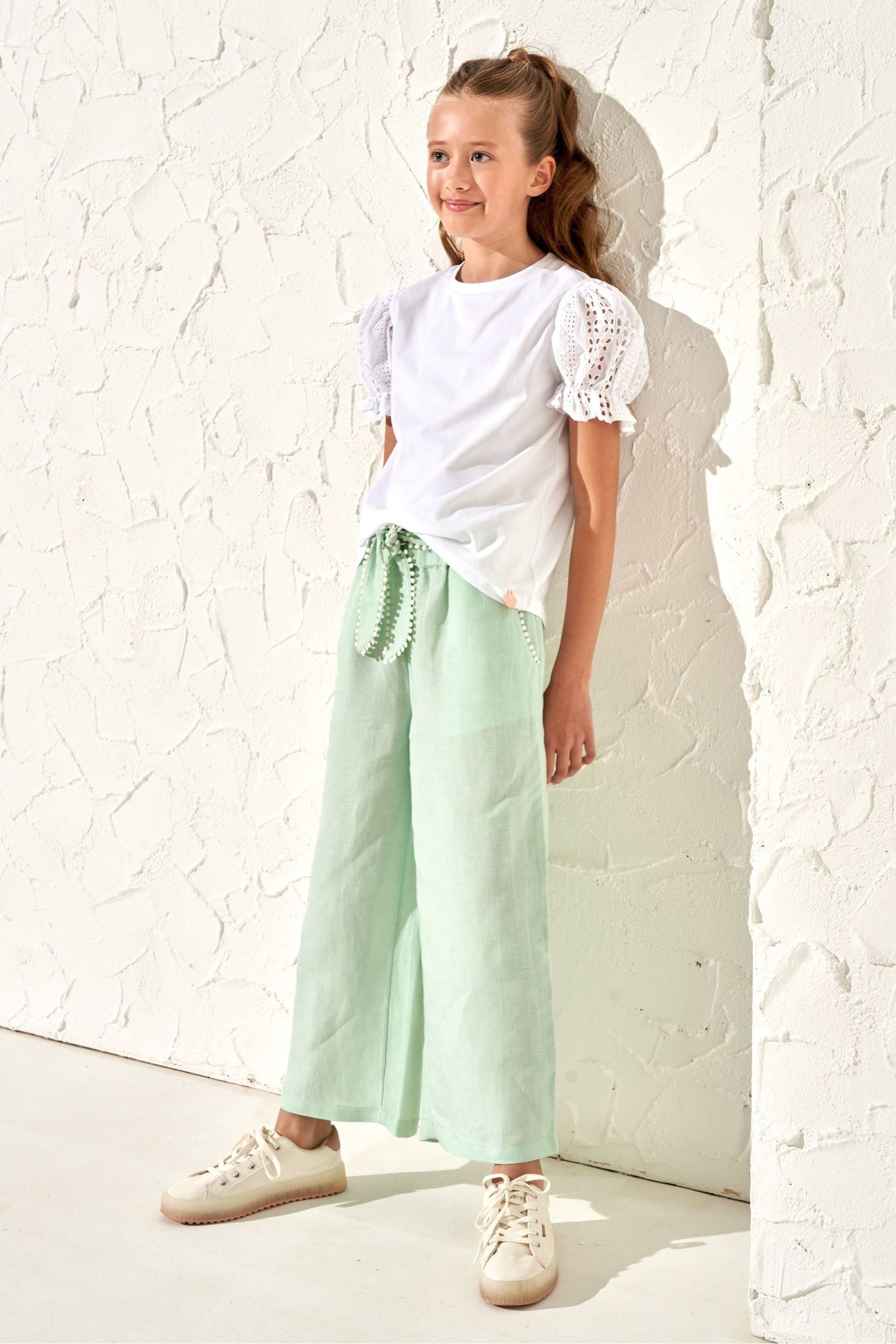 Angel & Rocket Green Erica Tie Waist Linen Blend Cropped Trousers