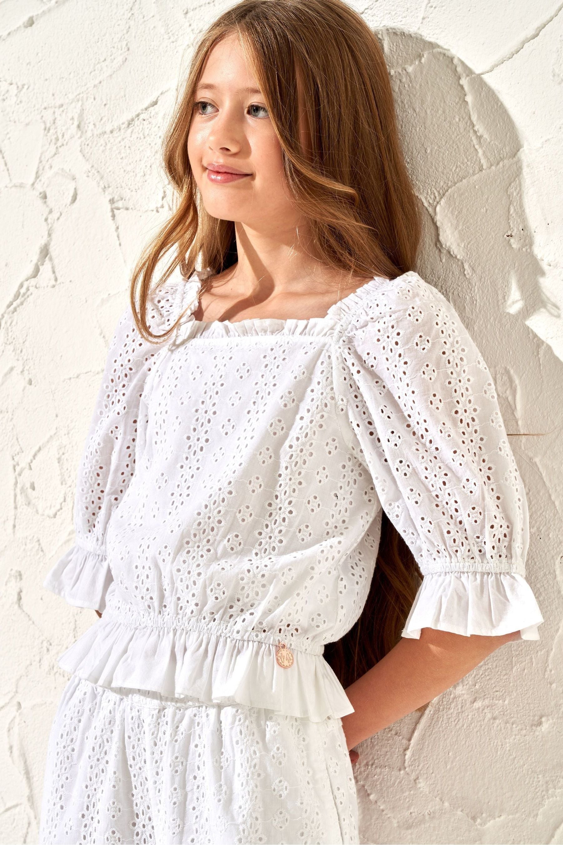 White Angel & Rocket Broderie Cleo Puff Sleeve Top