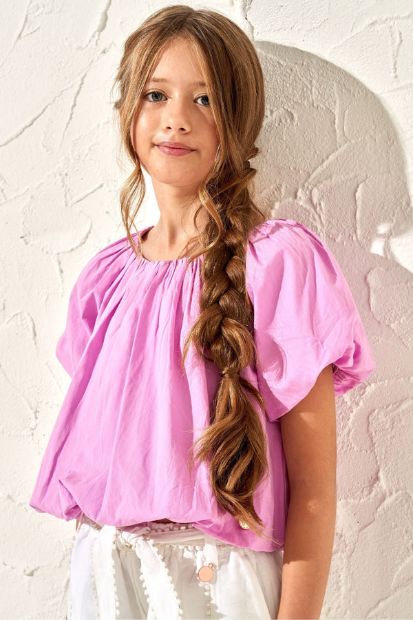 Angel & Rocket Pink Puff Sleeve Michela Woven 100% Cotton Top