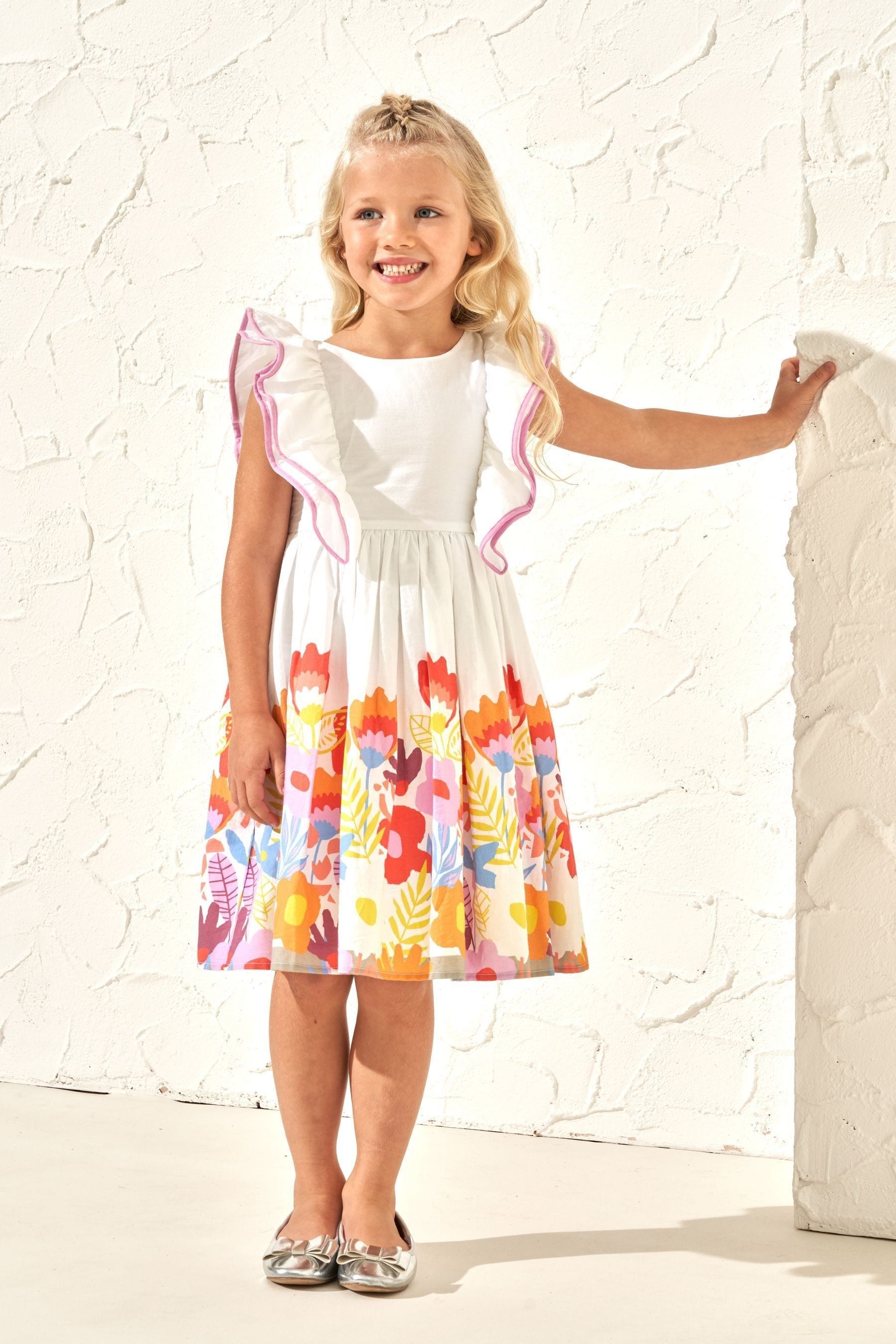 White Angel & Rocket Border Print Renee Ruffle Dress