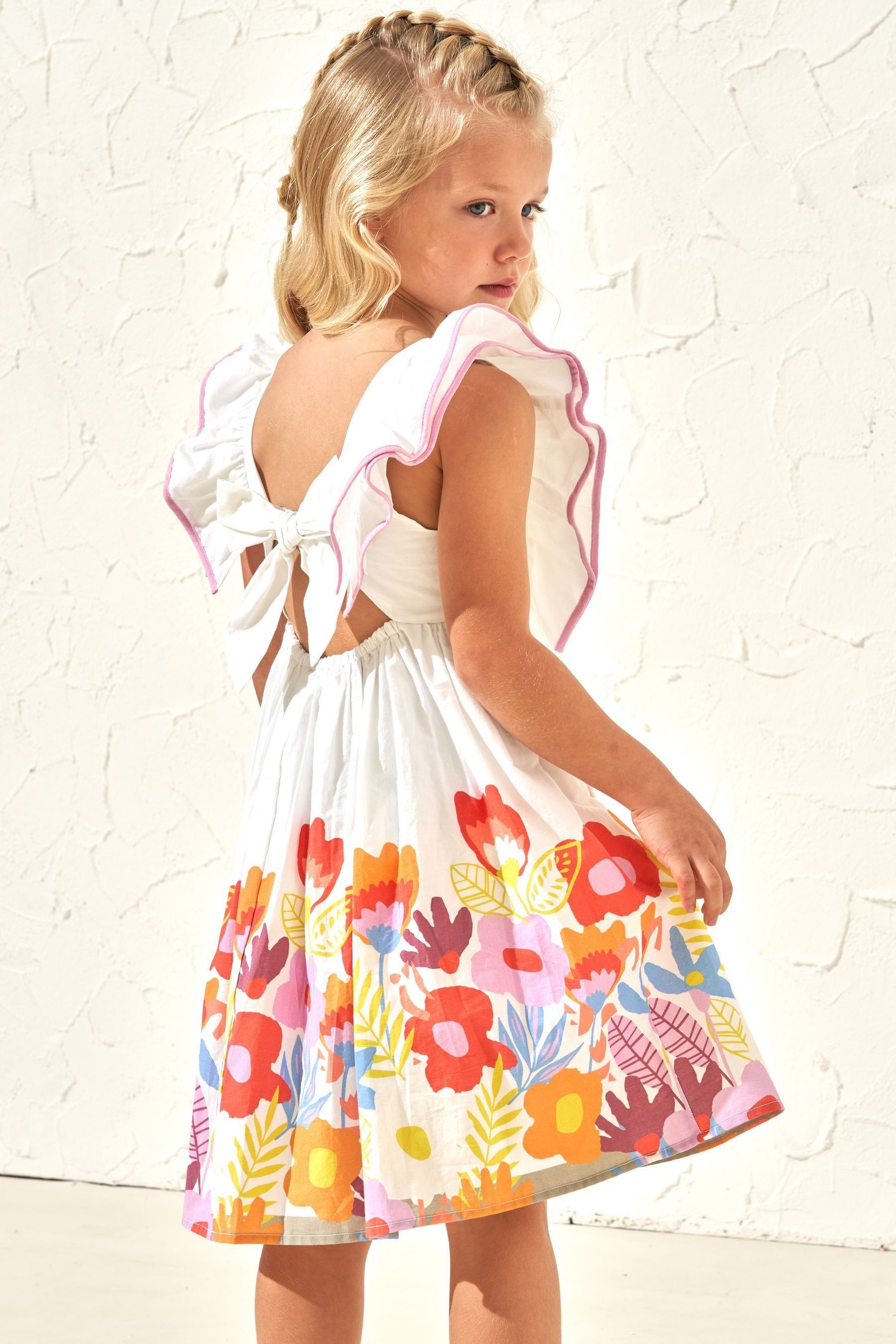 Angel & Rocket White 100% Cotton Border Print Renee Ruffle Dress