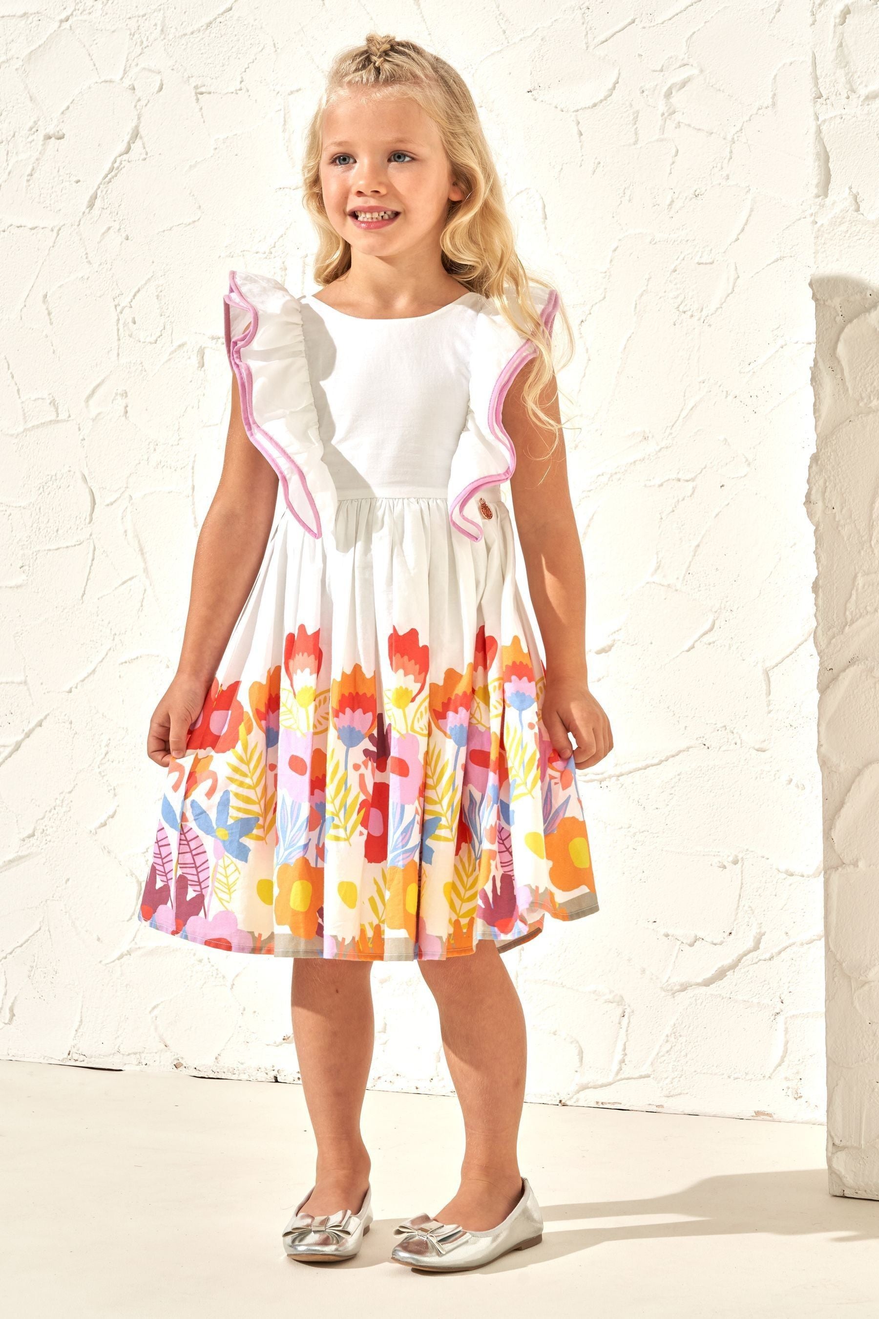 White Angel & Rocket Border Print Renee Ruffle Dress