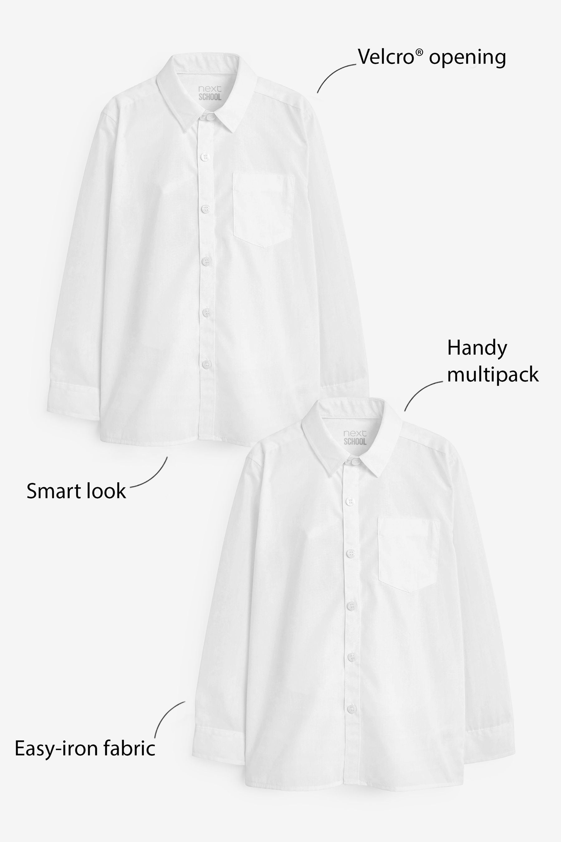 White Easy Fastening Long Sleeve School Shirts 2 Pack (3-12yrs)