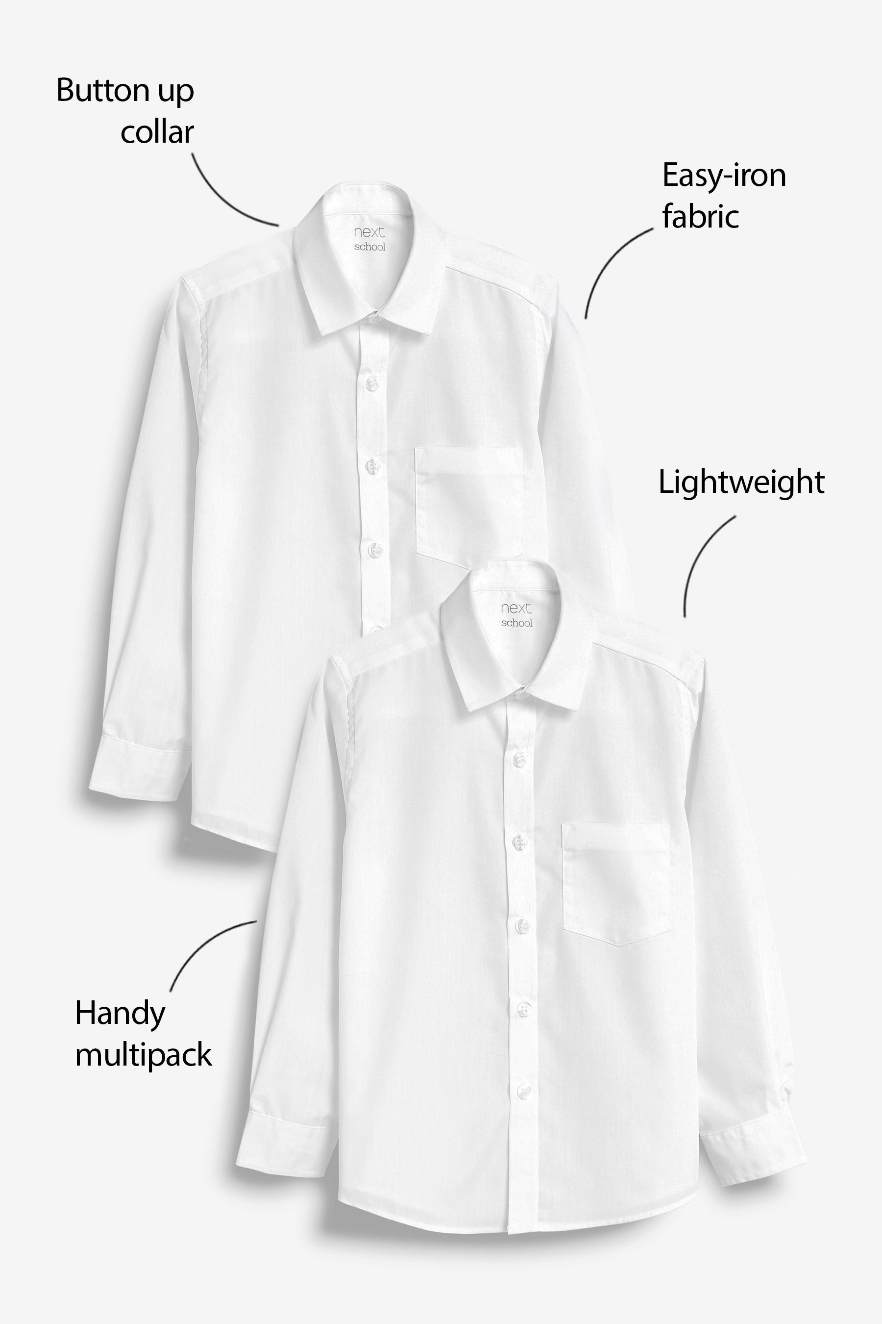 White Regular Fit 2 Pack Long Sleeve School Shirts (3-17yrs)