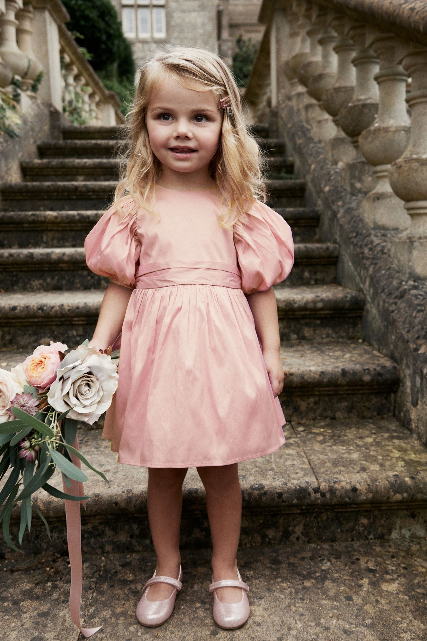 Pink Girl Taffeta Flower Print Bow Dress (3mths-8yrs)