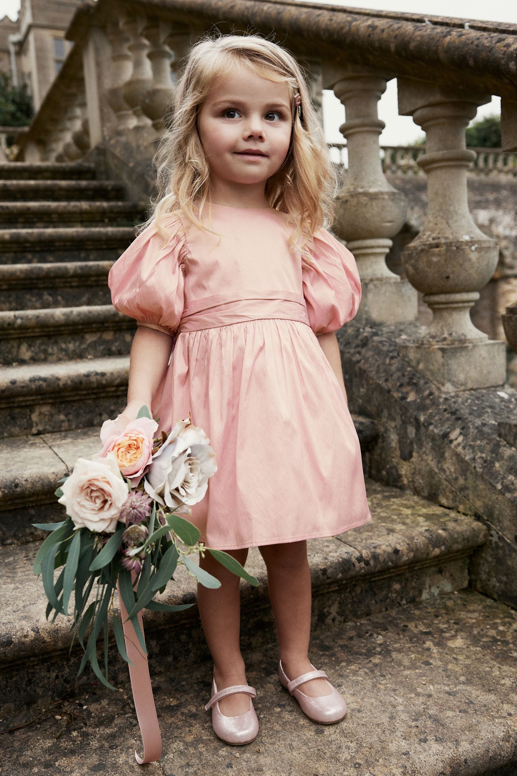 Pink Girl Taffeta Flower Print Bow Dress (3mths-8yrs)