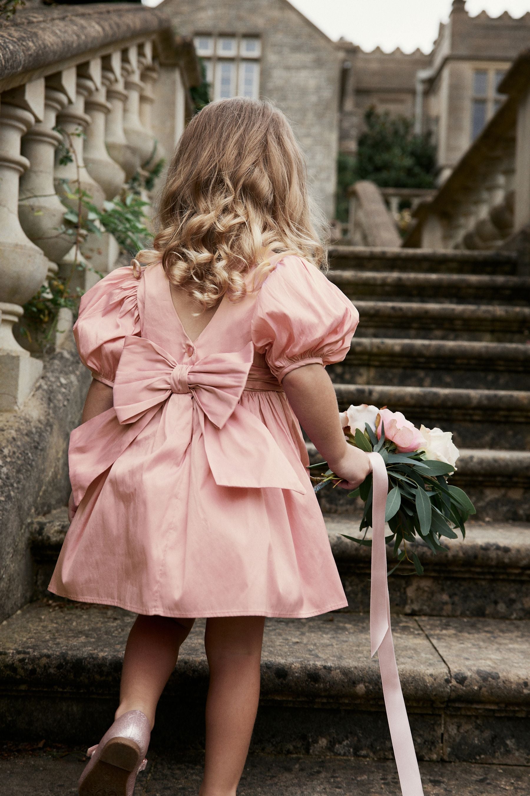 Pink Girl Taffeta Flower Print Bow Dress (3mths-8yrs)