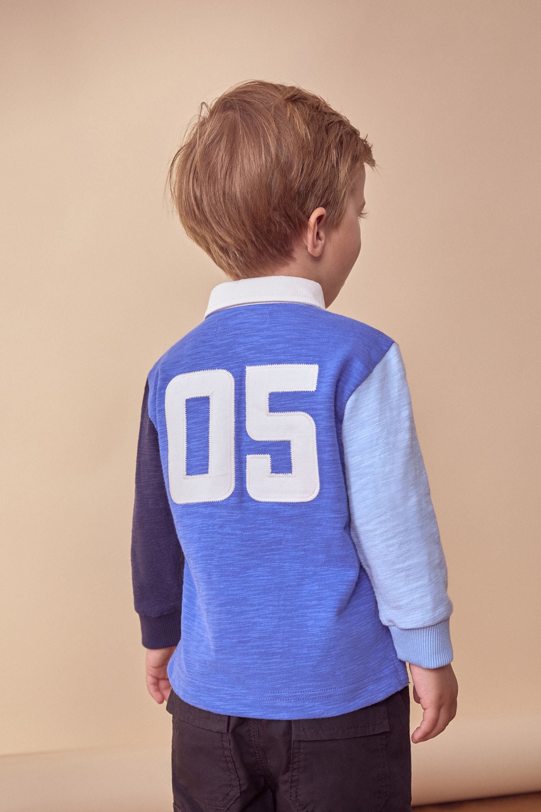 Blue 100% Cotton Long Sleeve Rugby Polo Shirt (3mths-7yrs)