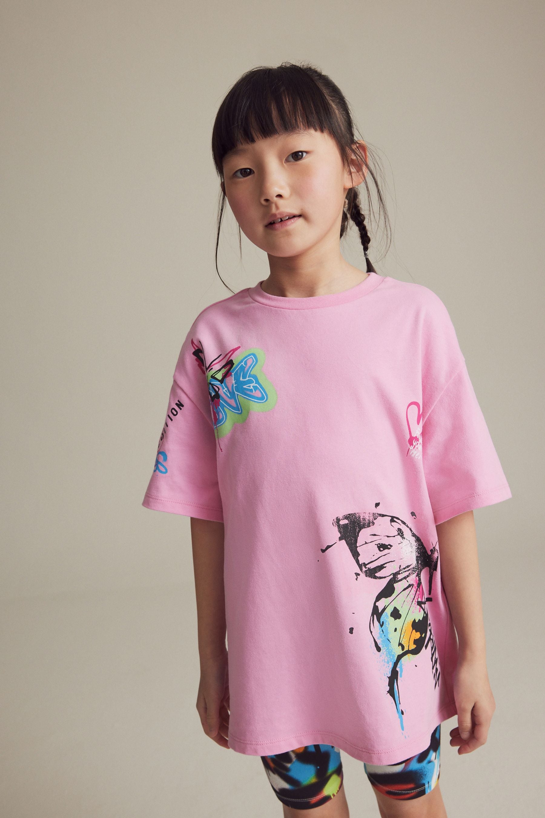 Pink Oversized T-Shirt and Cycle Shorts Set (3-16yrs)