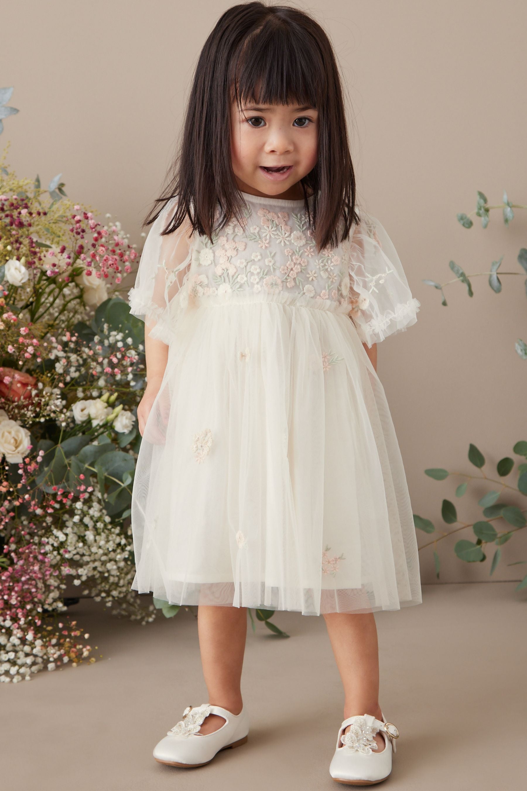 White Embroidered Mesh Party Dress (3mths-7yrs)