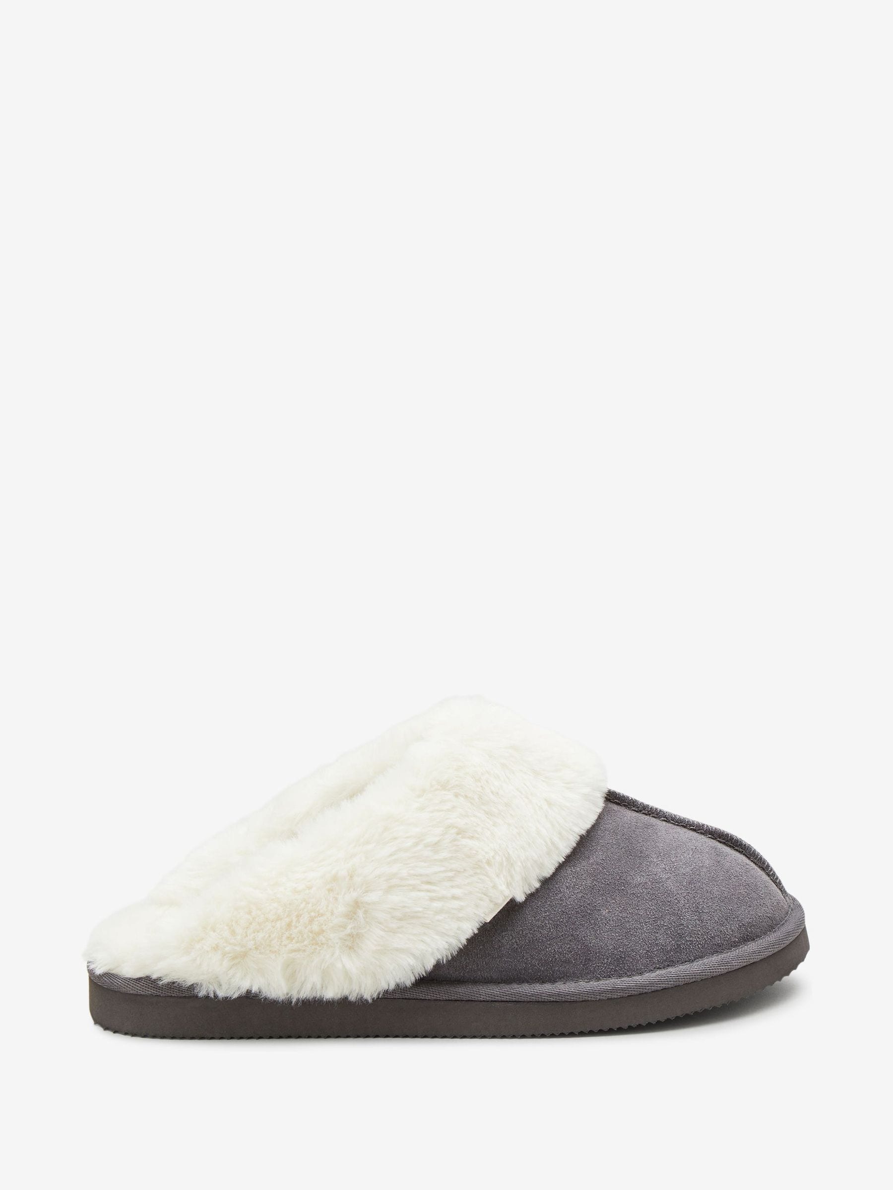 Grey Tiger Print Suede Faux Fur Lined Mule Slippers