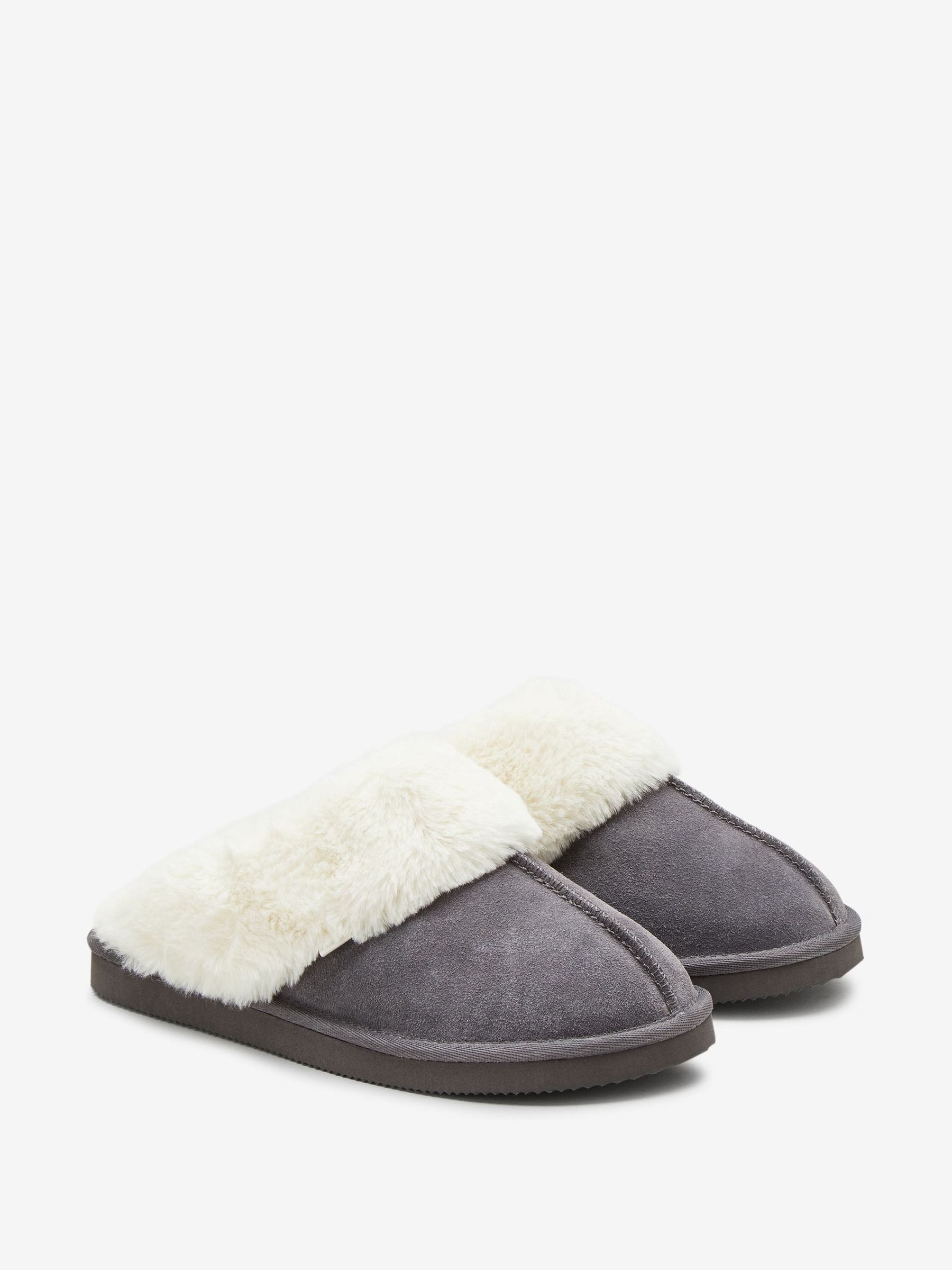 Grey Tiger Print Suede Faux Fur Lined Mule Slippers