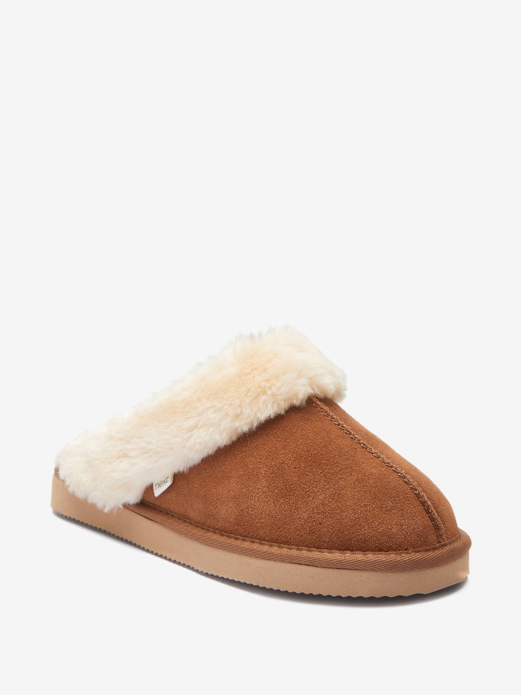 Chestnut Brown Suede Faux Fur Lined Mule Slippers