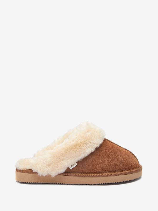 Chestnut Brown Suede Faux Fur Lined Mule Slippers