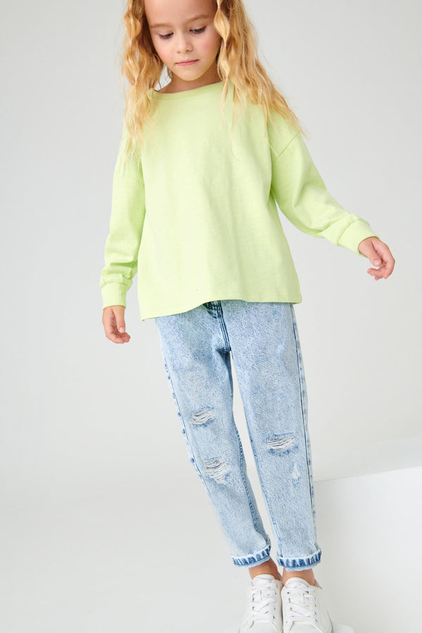 Bleach Wash Distressed Mom 100% Cotton Jeans (3-16yrs)