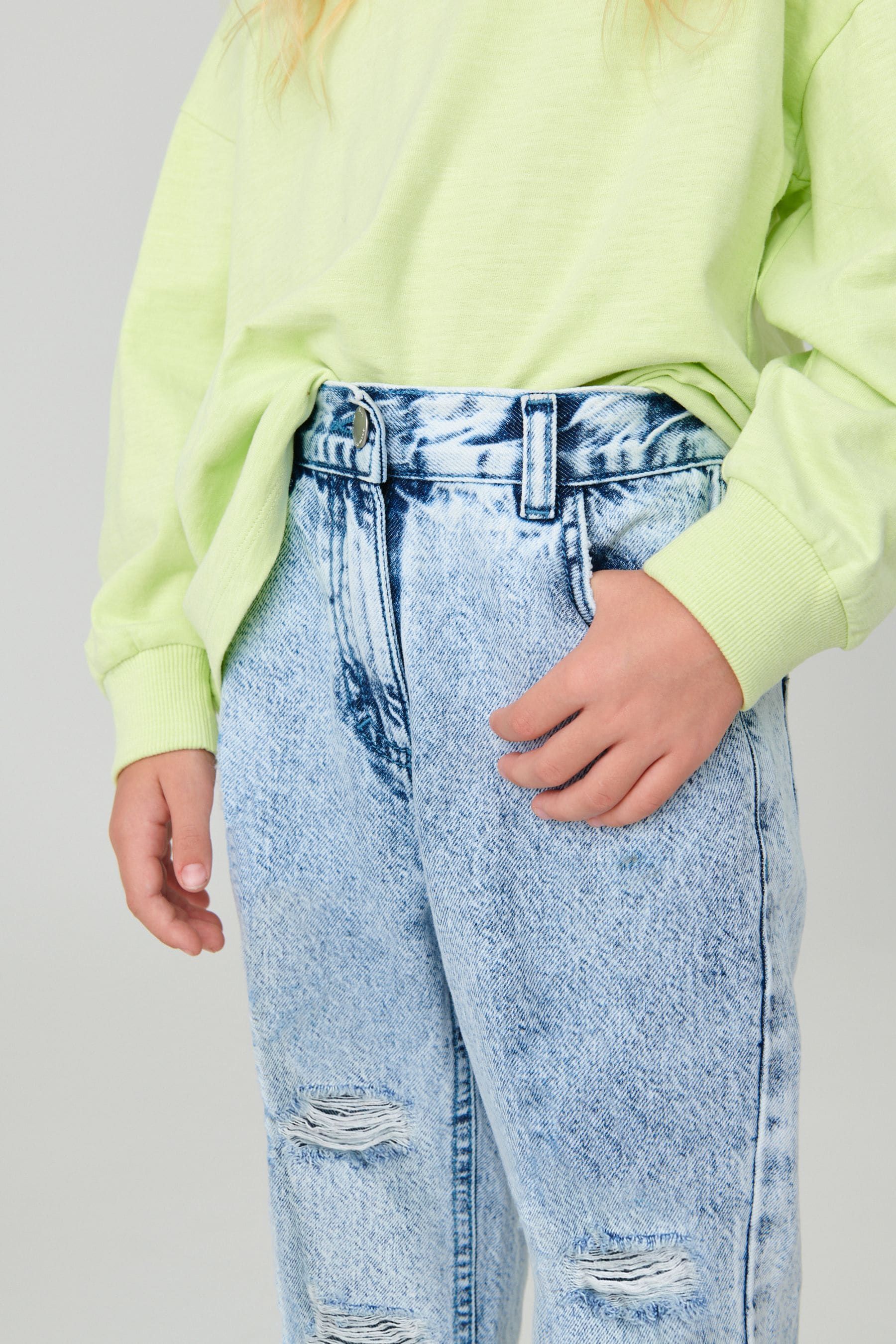 Bleach Wash Distressed Mom 100% Cotton Jeans (3-16yrs)