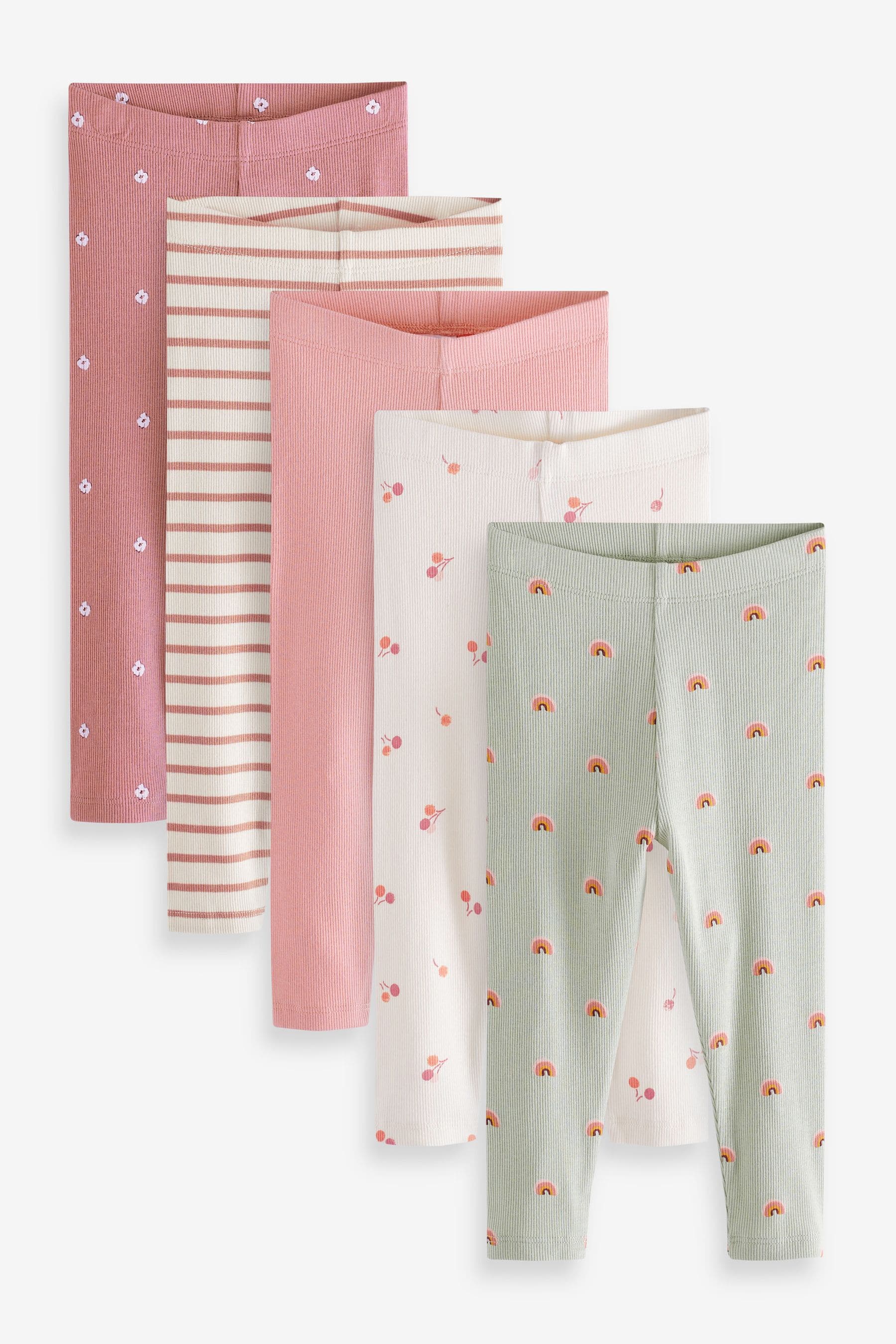 Pink Ditsy Rib Jersey Leggings 5 Pack (3mths-7yrs)