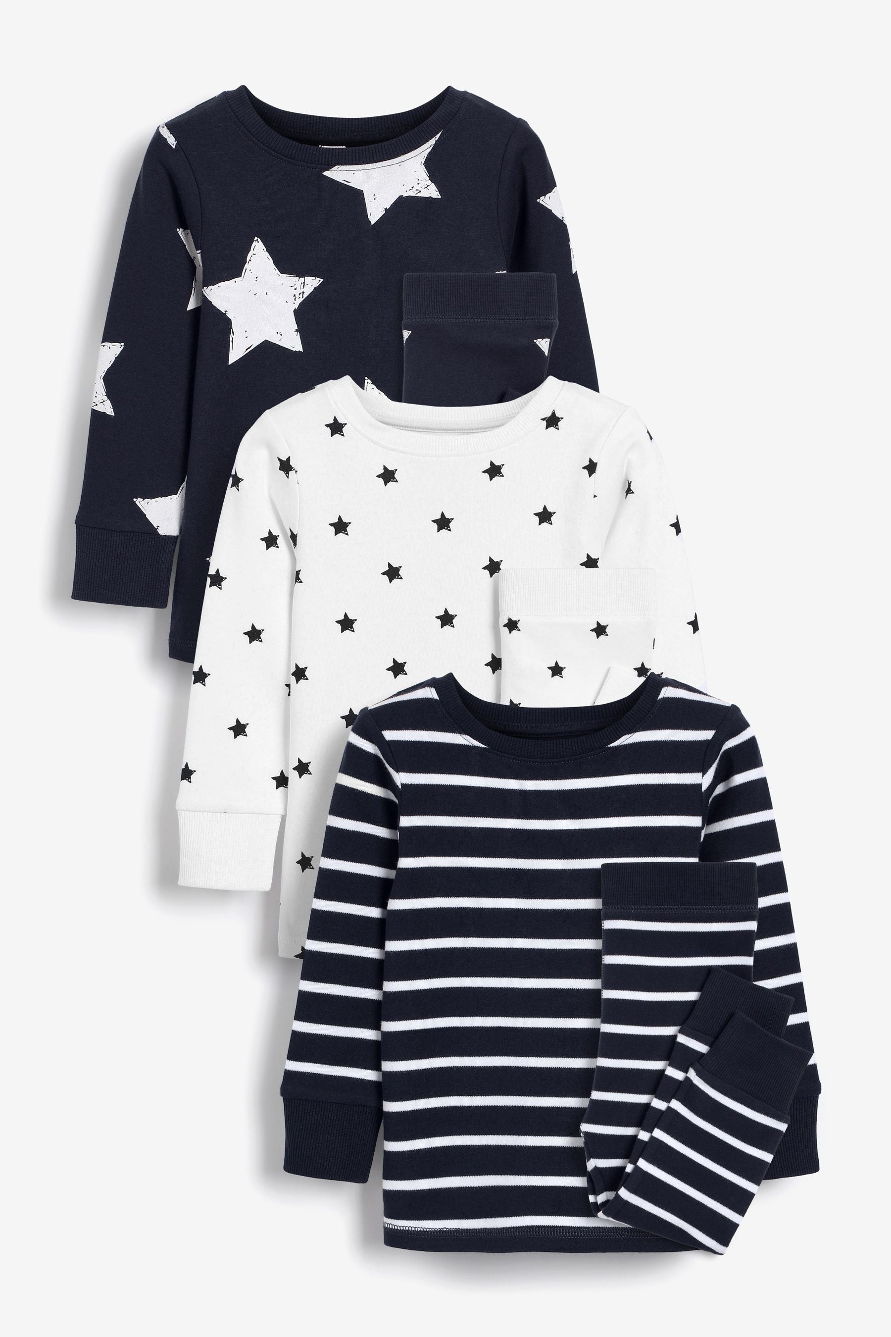 Navy Blue/White Star 3 Pack Snuggle Long Sleeve Pyjamas (9mths-10yrs)