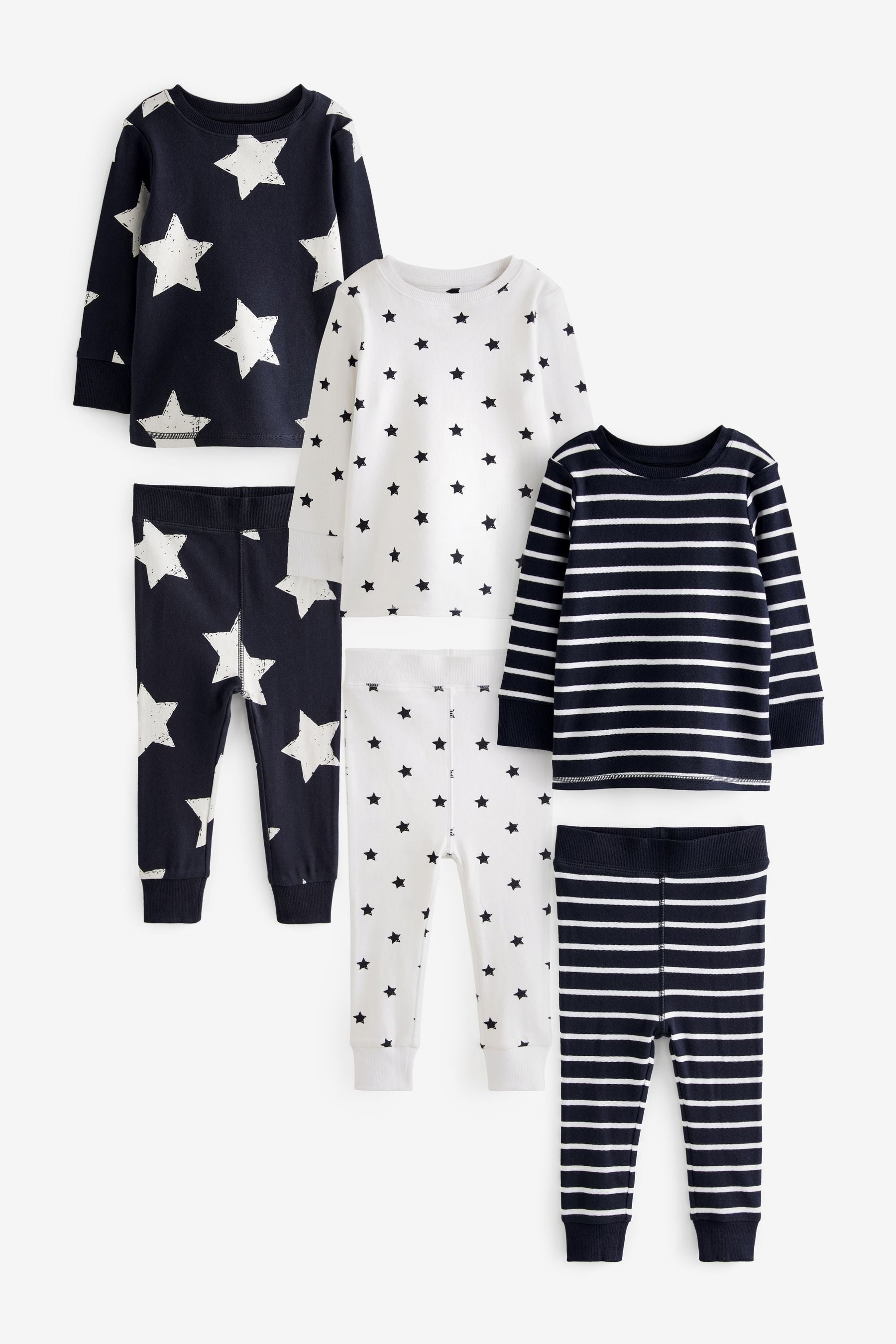 Navy Blue/White Star 3 Pack Snuggle Long Sleeve Pyjamas (9mths-10yrs)