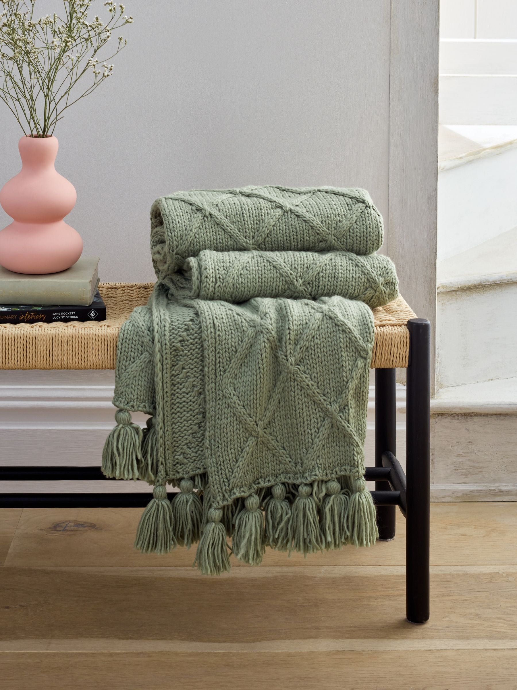 Sage Green Chunky Cable Knit Throw