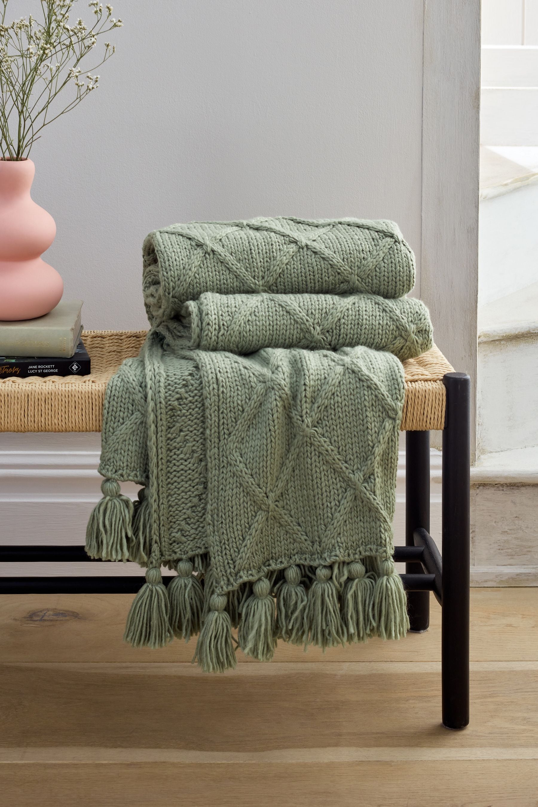 Sage Green Chunky Cable Knit Throw