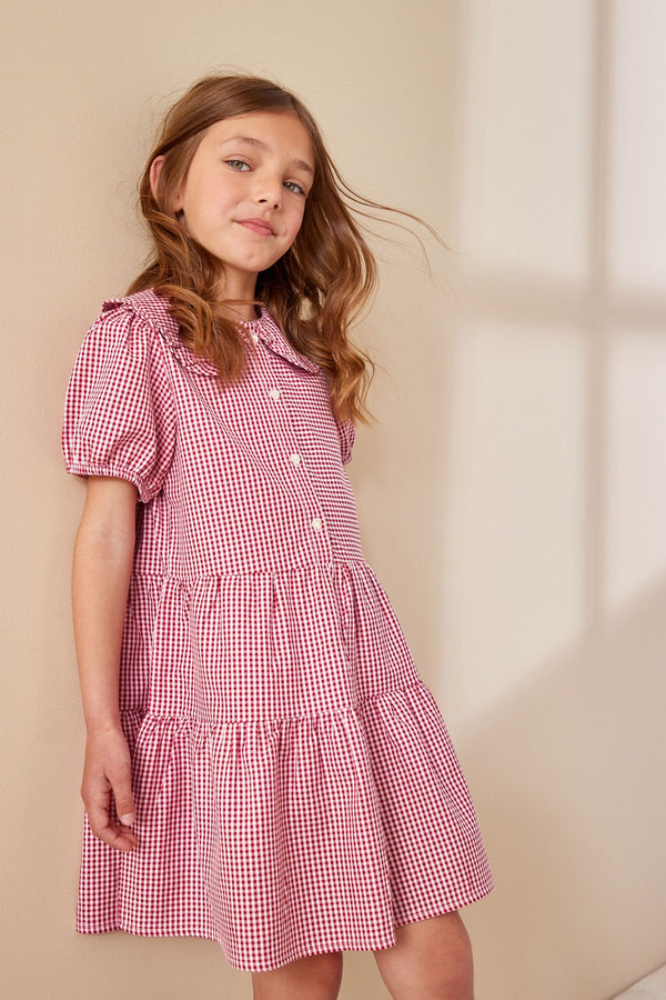 Red Cotton Rich School Gingham Tiered Pretty Collar Dress (3-14yrs)