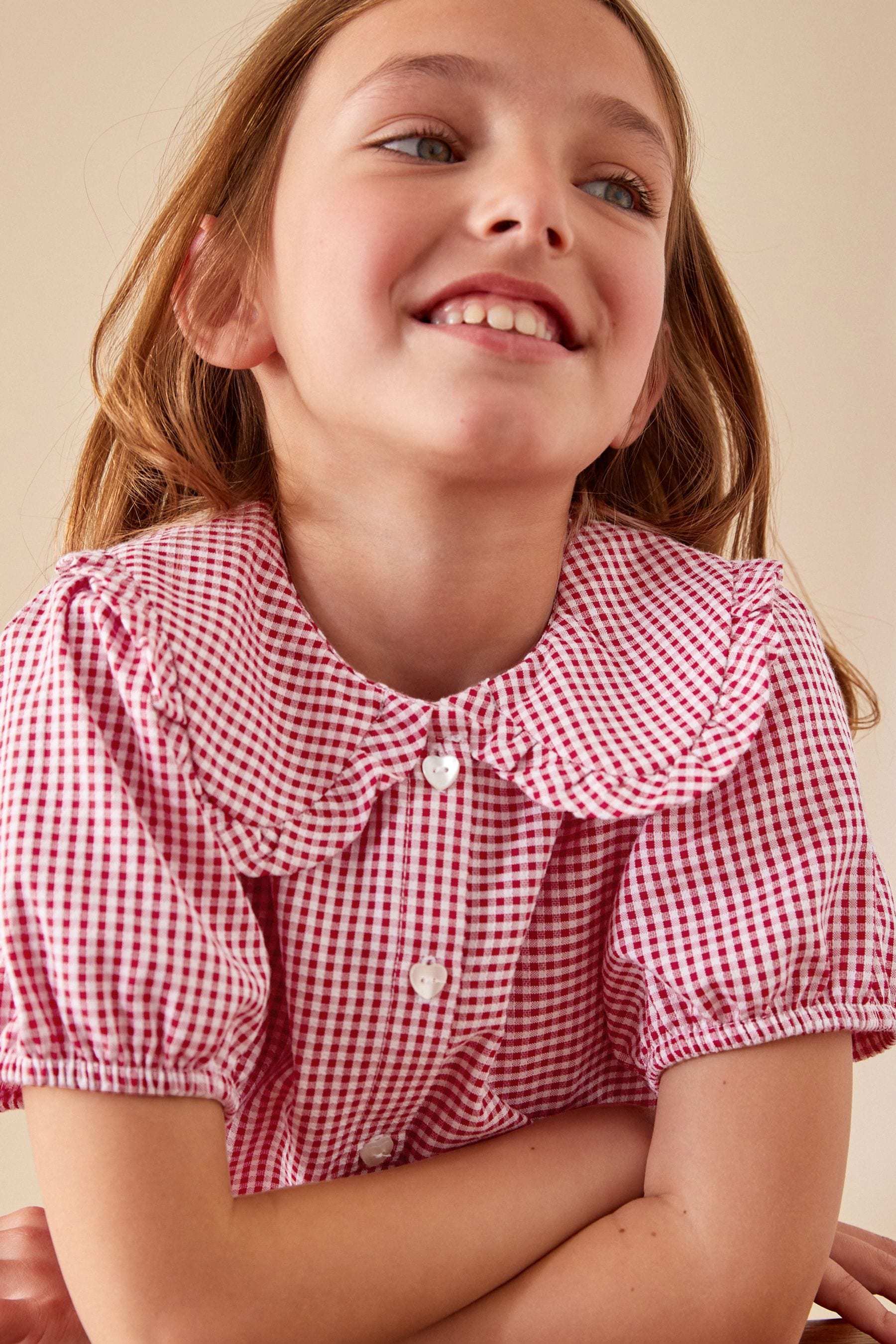 Red Cotton Rich School Gingham Tiered Pretty Collar Dress (3-14yrs)