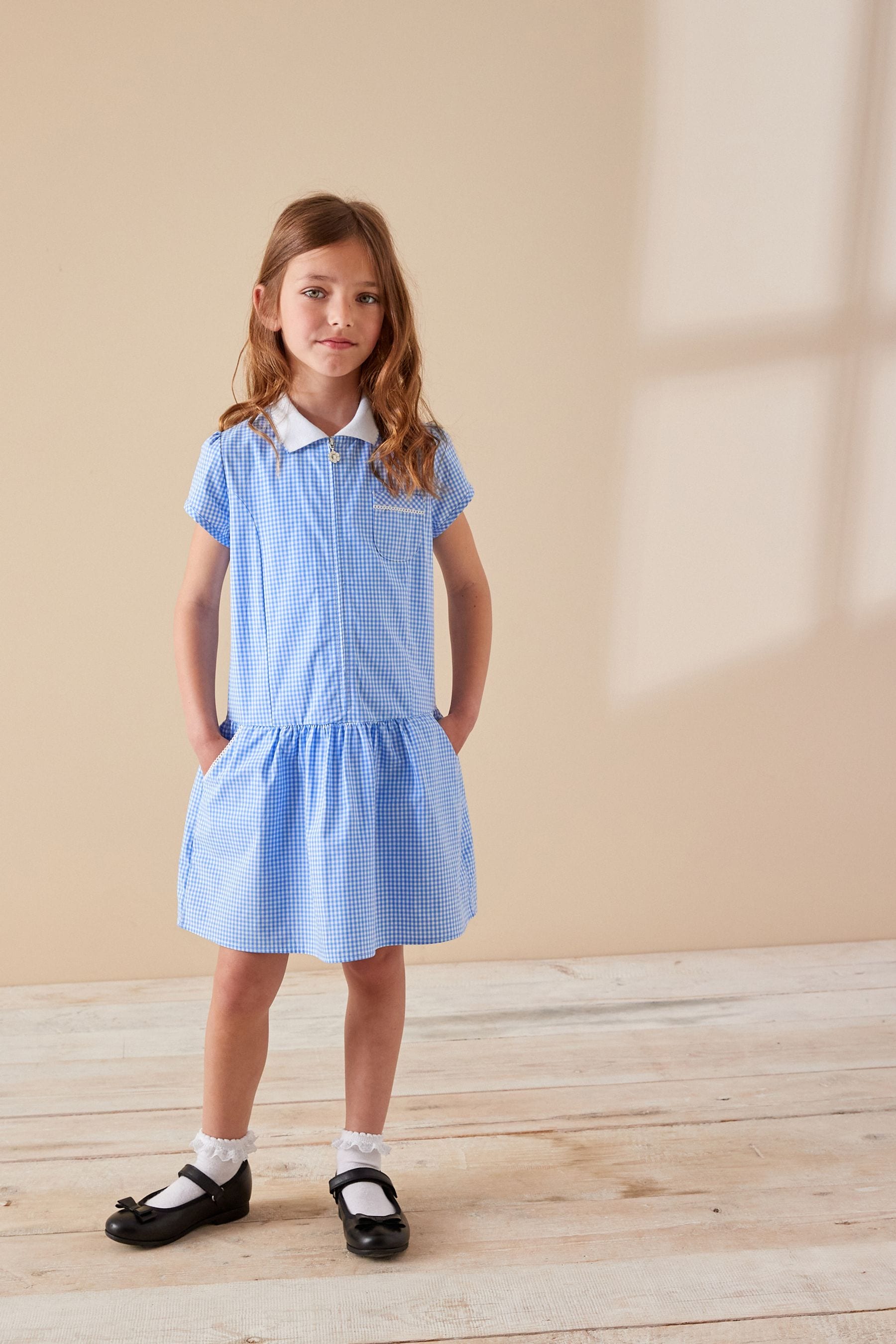 Blue Zip Front Cotton Rich Gingham School Dress (3-14yrs)