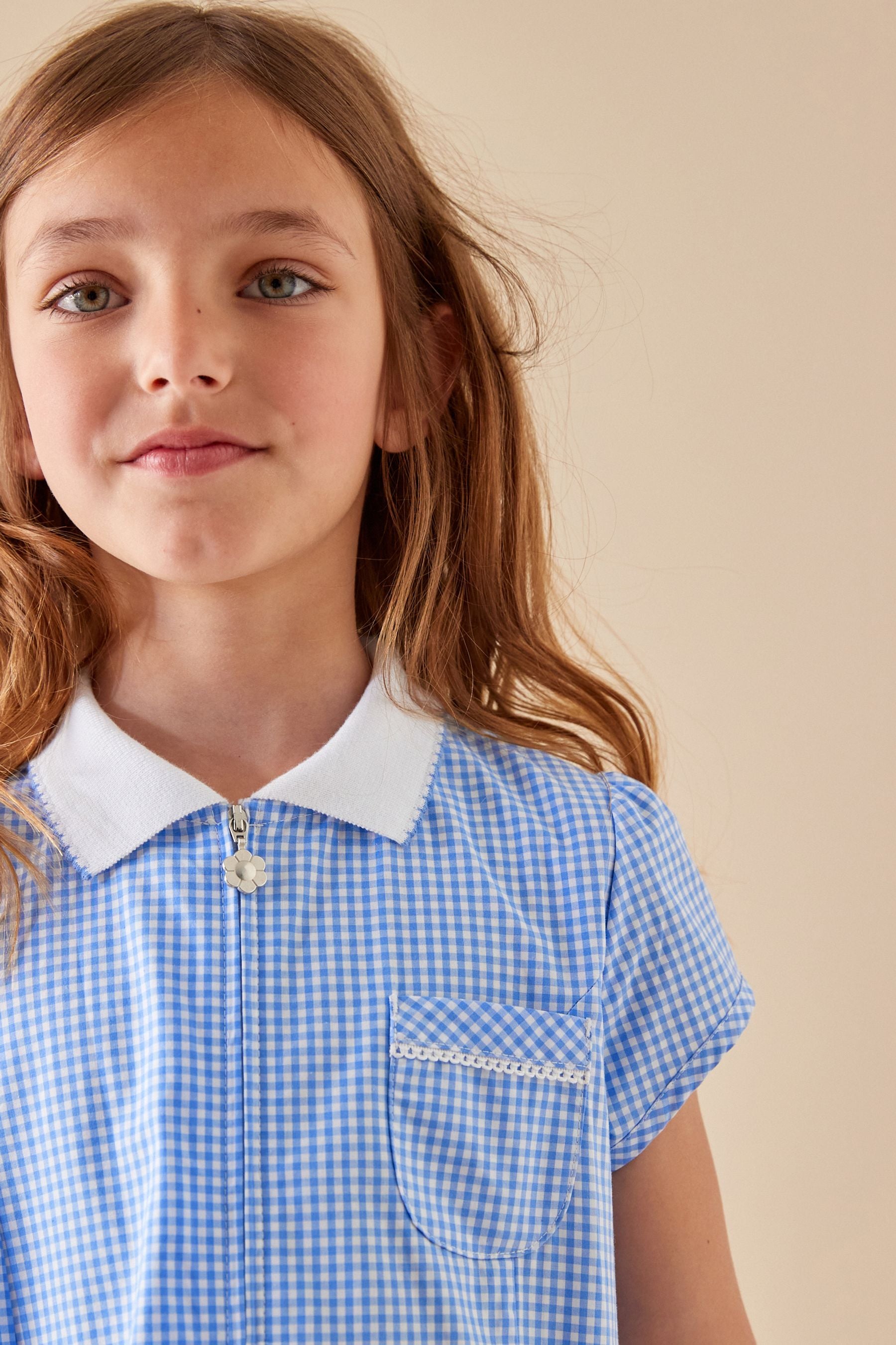 Blue Zip Front Cotton Rich Gingham School Dress (3-14yrs)